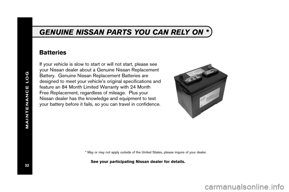 NISSAN PATHFINDER 2008 R51 / 3.G Service And Maintenance Guide If yo ur vehicle is slow to start or wil lnot start, please see
your Nissan deale rabo utaGenui neNissan Replacement
Batter y. Gen uin e Nissan Replacement Batteriesare
desi gned tome etyour vehicl e