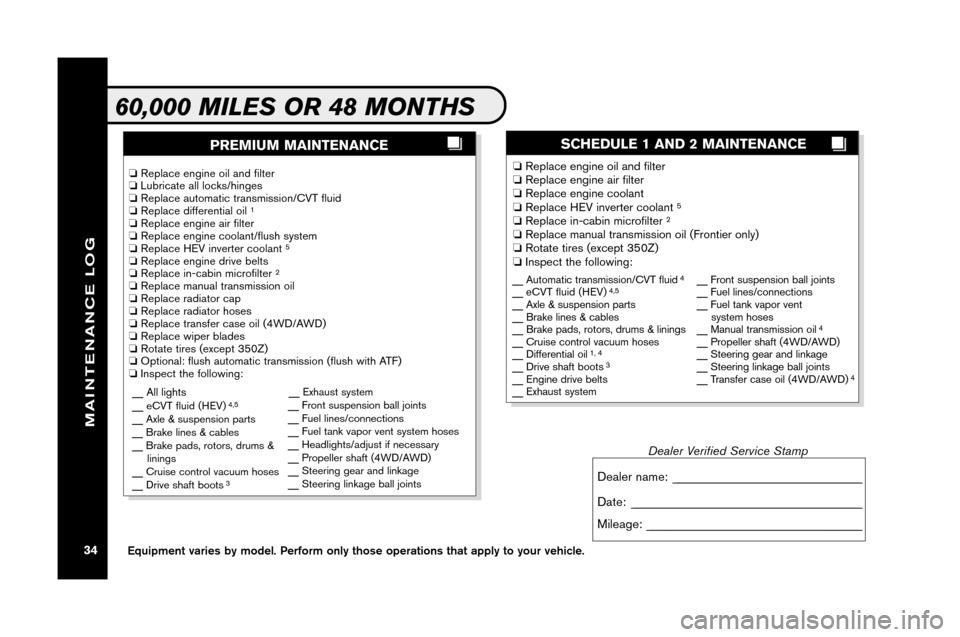 NISSAN PATHFINDER 2008 R51 / 3.G Service And Maintenance Guide 60,0 00 MILES OR48MO NTHS
PRE MIUM MAINTE NANCESCHE DUL E\fAN D 2MA INTE NANCE
�Repl ace engi neoil and filt er
� Repl ace engi neair fil ter
� Repl ace engi necoola nt
� Repl ace HEV inv ert er coola