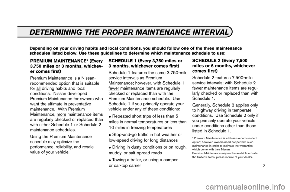 NISSAN VERSA 2008 1.G Service And Maintenance Guide 7
DETERMI NINGTHE PROP ERMAINTENANC EINTERVAL
PR EMIUM MAINTENANCE* (Every
3,750 miles or3mon ths ,w hic hev\b
e r co mes fir st )
Premium Maintena nceisaNissa n\b
re commended option that is sui tab NISSAN VERSA 2008 1.G Service And Maintenance Guide 7
DETERMI NINGTHE PROP ERMAINTENANC EINTERVAL
PR EMIUM MAINTENANCE* (Every
3,750 miles or3mon ths ,w hic hev\b
e r co mes fir st )
Premium Maintena nceisaNissa n\b
re commended option that is sui tab