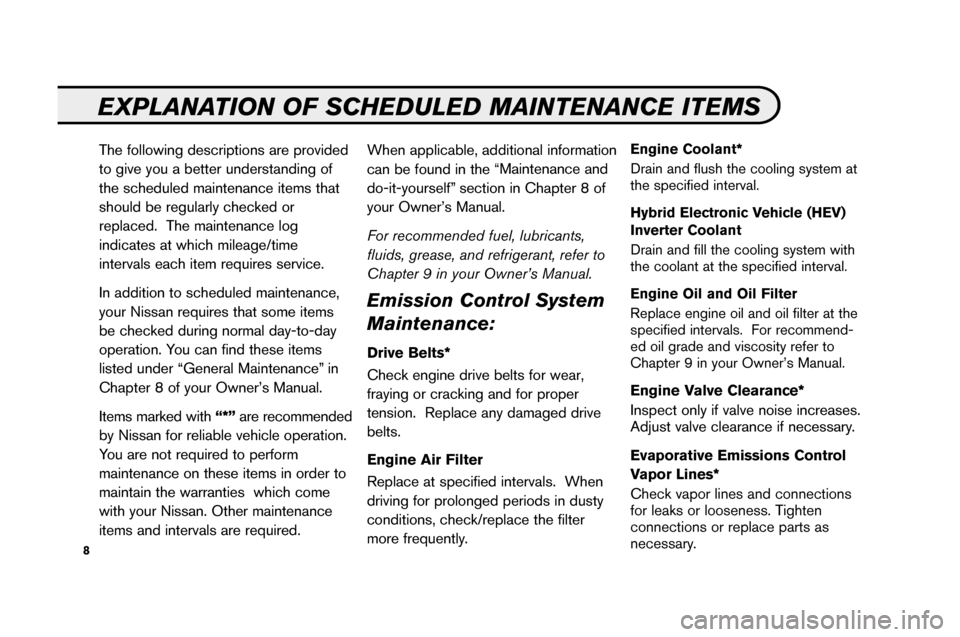 NISSAN VERSA 2008 1.G Service And Maintenance Guide 8
EXPLANATIO NOF SCHE DULED MAINTENANCE ITEMS
The followin gde scri ptio nsare pro vided
to giv e you abetter understan ding of
the sch eduled mainte nance item sthat
shou ldbe reg ularly check ed or
