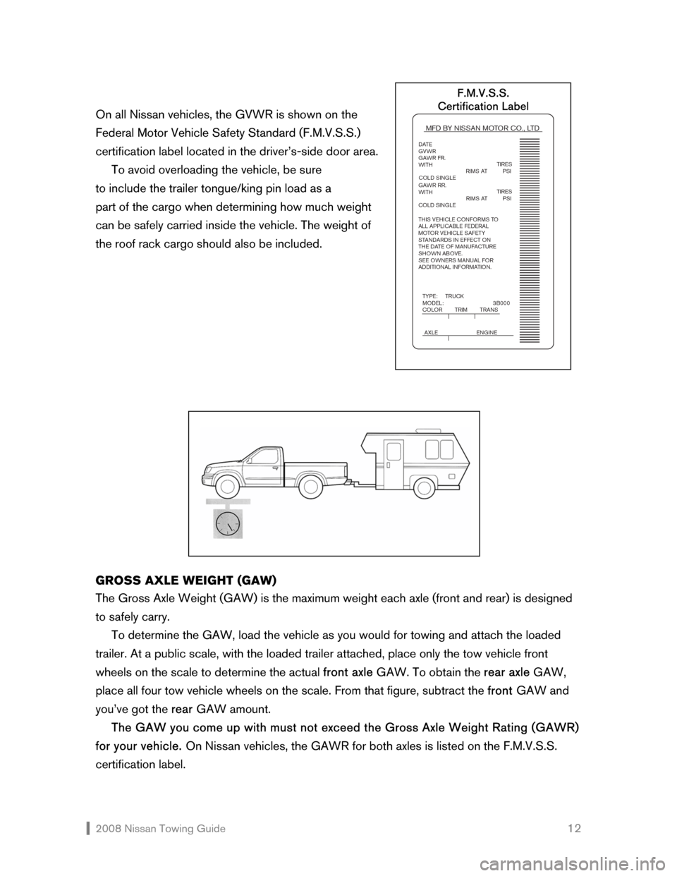 NISSAN ROGUE 2008 1.G Towing Guide  2008 Nissan Towing Guide    12 On all Nissan vehicles, the GVWR is shown on the  
Federal Motor Vehicle Safety Standard (F.M.V.S.S.) 
certification label located in the driver’s-side door area.  
 