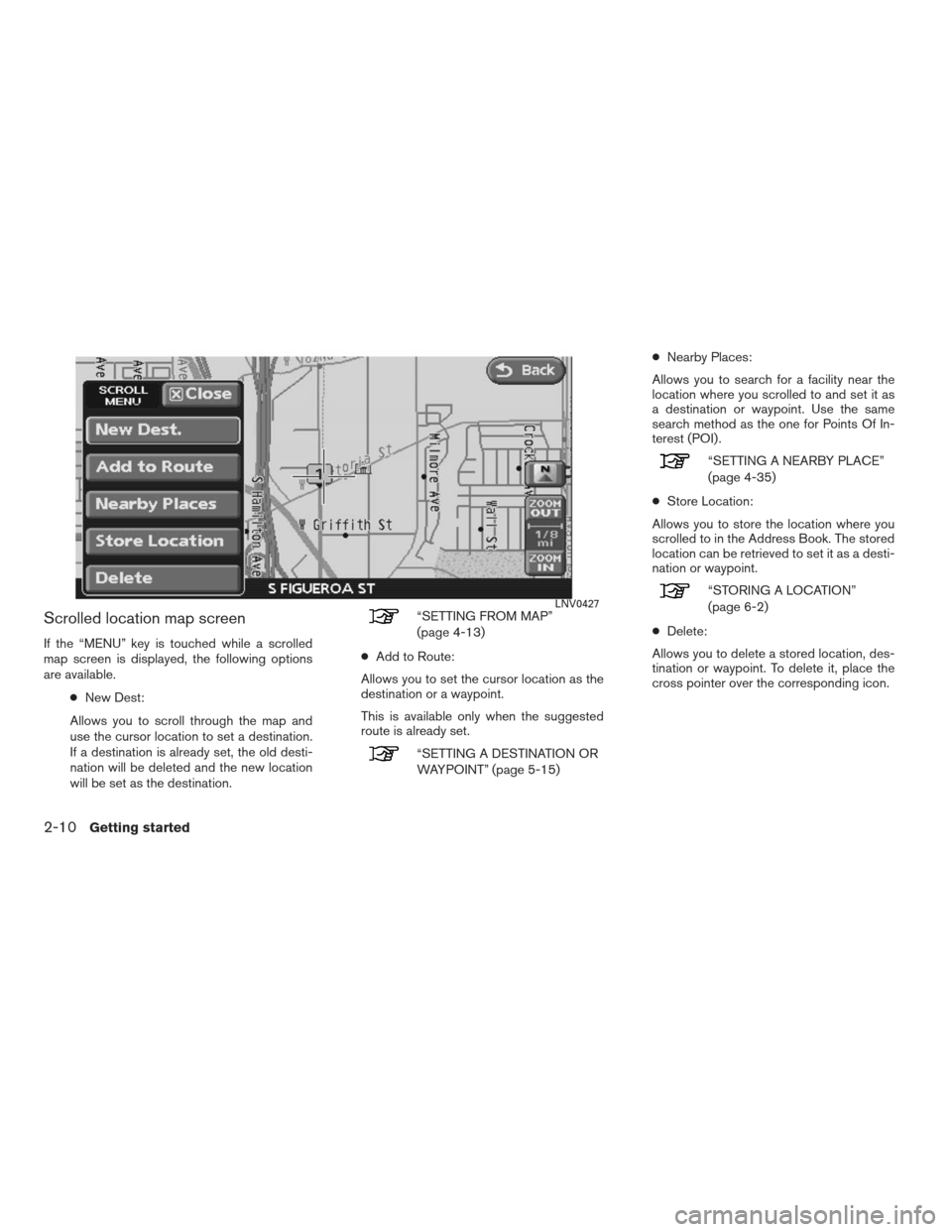 NISSAN ALTIMA HYBRID 2009 L32A / 4.G Navigation Manual Scrolled location map screen
If the “MENU” key is touched while a scrolled
map screen is displayed, the following options
are available.
●New Dest:
Allows you to scroll through the map and
use t NISSAN ALTIMA HYBRID 2009 L32A / 4.G Navigation Manual Scrolled location map screen
If the “MENU” key is touched while a scrolled
map screen is displayed, the following options
are available.
●New Dest:
Allows you to scroll through the map and
use t