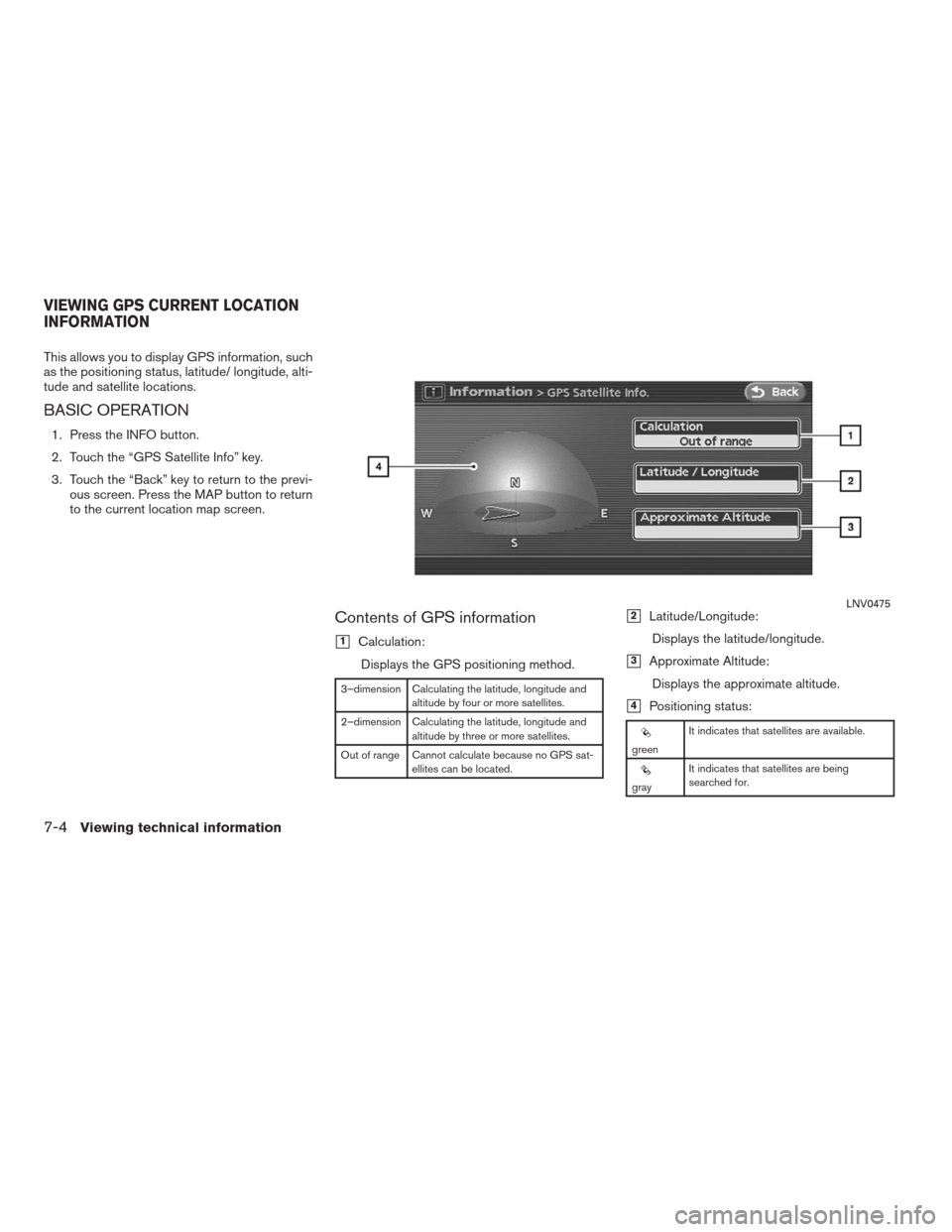 NISSAN ALTIMA HYBRID 2009 L32A / 4.G Navigation Manual This allows you to display GPS information, such
as the positioning status, latitude/ longitude, alti-
tude and satellite locations.
BASIC OPERATION
1. Press the INFO button.
2. Touch the “GPS Satel