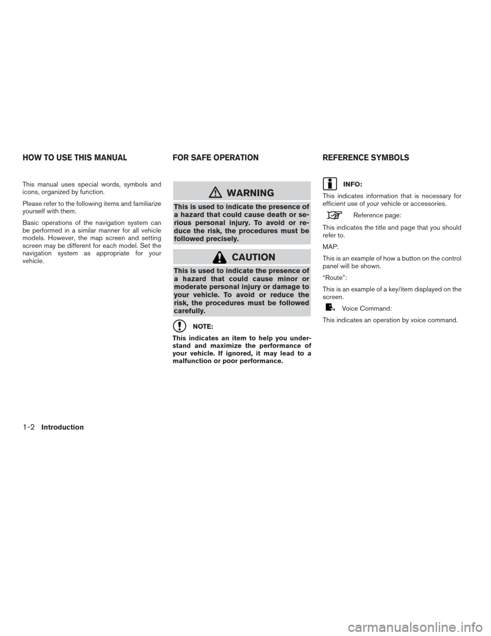 NISSAN ALTIMA HYBRID 2009 L32A / 4.G Navigation Manual This manual uses special words, symbols and
icons, organized by function.
Please refer to the following items and familiarize
yourself with them.
Basic operations of the navigation system can
be perfo NISSAN ALTIMA HYBRID 2009 L32A / 4.G Navigation Manual This manual uses special words, symbols and
icons, organized by function.
Please refer to the following items and familiarize
yourself with them.
Basic operations of the navigation system can
be perfo