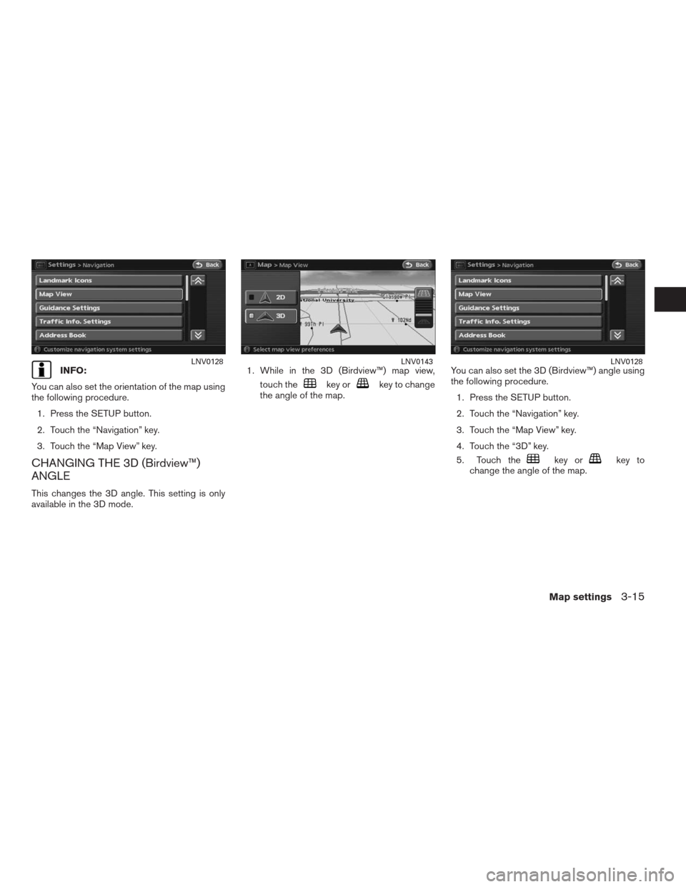 NISSAN ALTIMA HYBRID 2009 L32A / 4.G Navigation Manual INFO:
You can also set the orientation of the map using
the following procedure.
1. Press the SETUP button.
2. Touch the “Navigation” key.
3. Touch the “Map View” key.
CHANGING THE 3D (Birdvie
