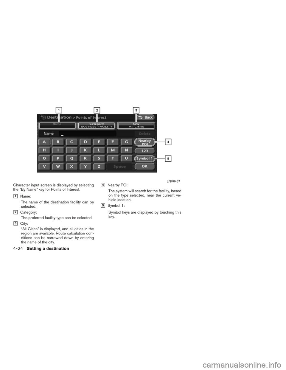 NISSAN ALTIMA HYBRID 2009 L32A / 4.G Navigation Manual Character input screen is displayed by selecting
the “By Name” key for Points of Interest.
1Name:
The name of the destination facility can be
selected.
2Category:
The preferred facility type can