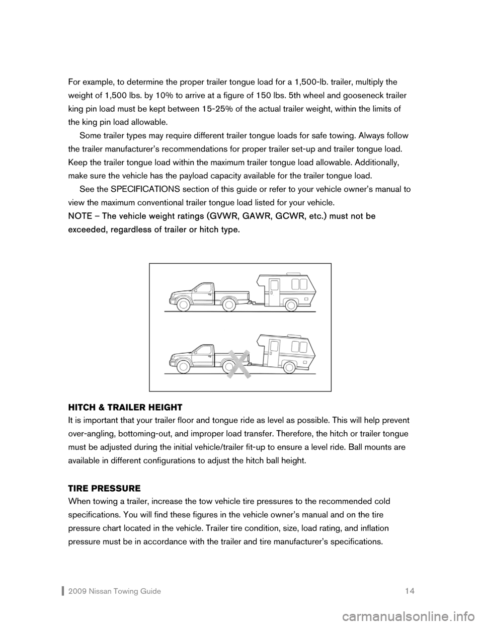 NISSAN VERSA HATCHBACK 2009 1.G Towing Guide  2009 Nissan Towing Guide    14 For example, to determine the proper trailer tongue load for a 1,500-lb. trailer, multiply the 
weight of 1,500 lbs. by 10% to arrive at a figure of 150 lbs. 5th wheel 
