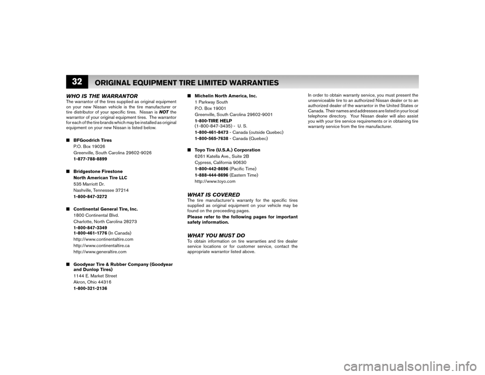 NISSAN VERSA HATCHBACK 2009 1.G Warranty Booklet 32WHO IS THE WARRANTORThe warrantor of the tires supplied as original equipment 
on your new Nissan vehicle is the tire manufacturer or 
tire distributor of your speciﬁ c tires.  Nissan is NOT the 

