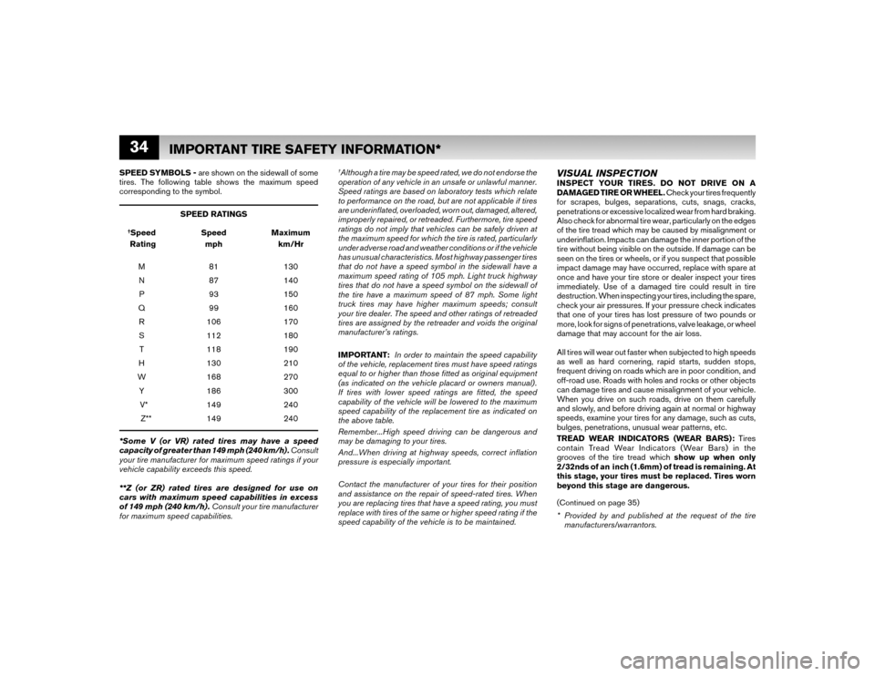 NISSAN VERSA HATCHBACK 2009 1.G Warranty Booklet 34SPEED SYMBOLS - are shown on the sidewall of some 
tires. The following table shows the maximum speed 
corresponding to the symbol.
 SPEED RATINGS †
Speed Speed Maximum
  Rating  mph  km/Hr
 M  81