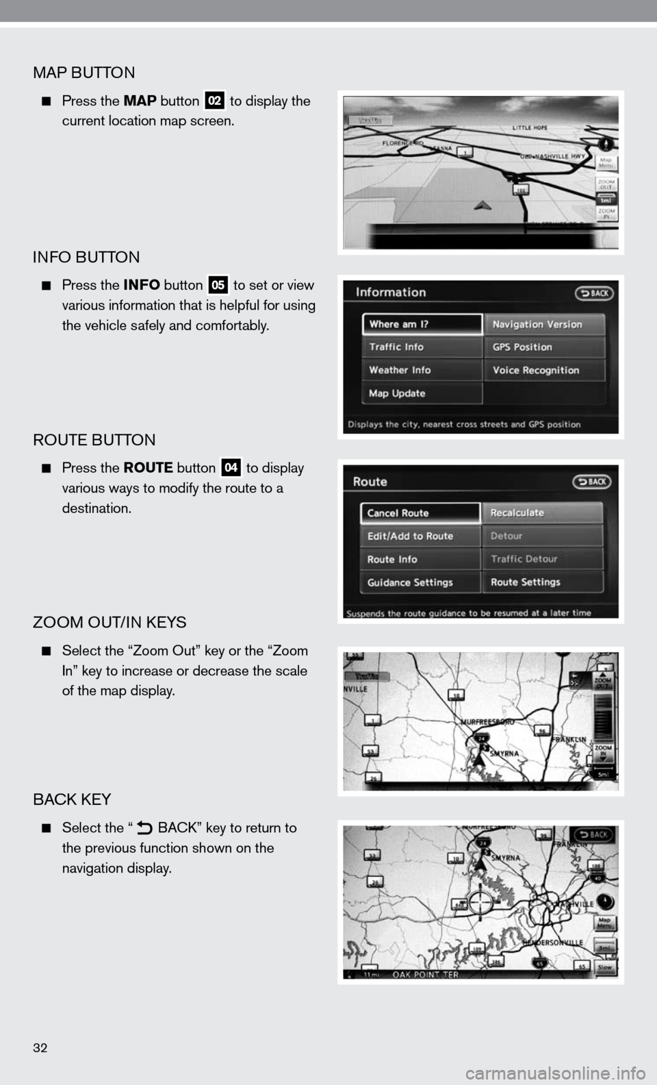 NISSAN ALTIMA COUPE 2010 D32 / 4.G Quick Reference Guide 32
MAP BuTTOn
  Press the MAP button 02 to display the
    current location map screen.
infO B uTTOn
  Press the INFO  button 05 to set or view 
    various information that is helpful for using 
    
