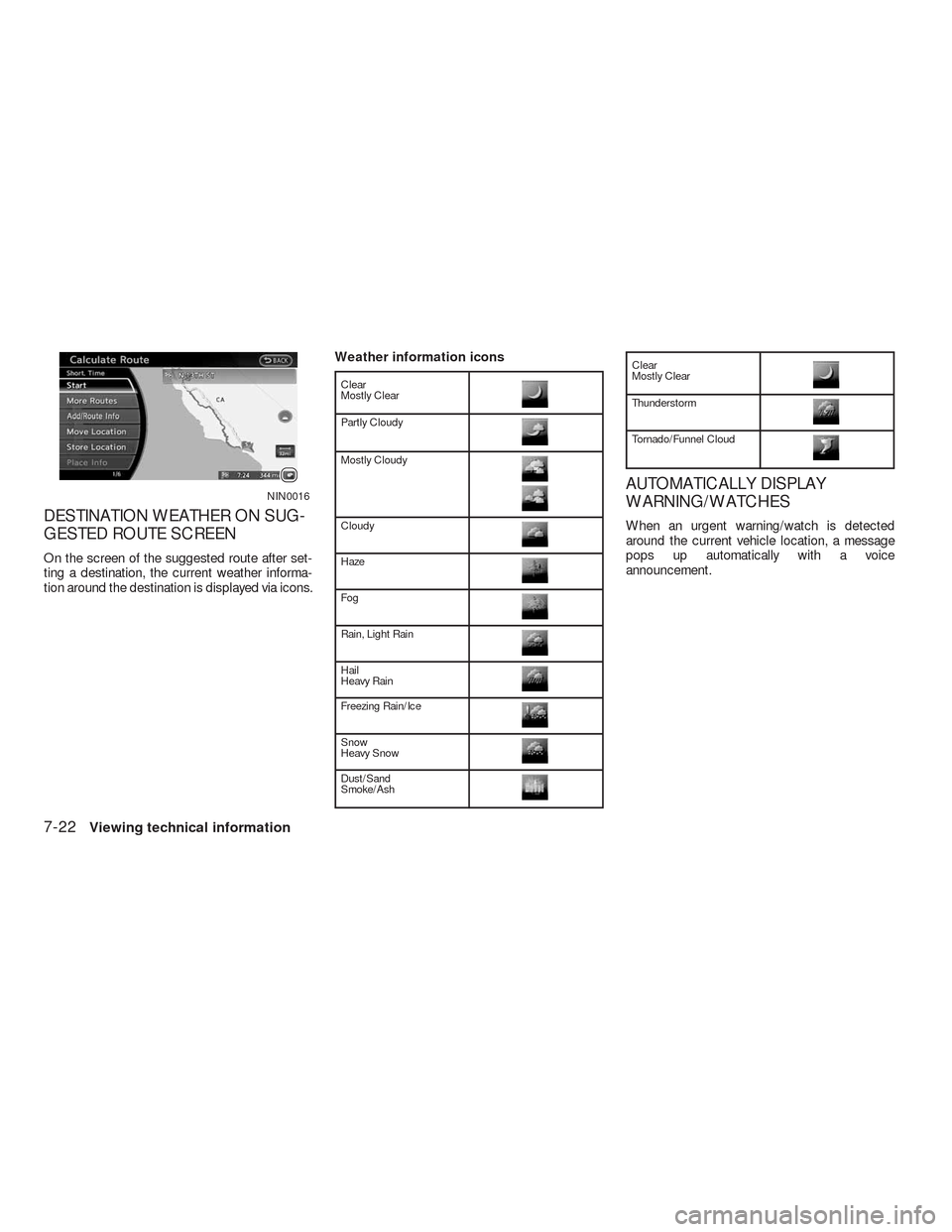 NISSAN ALTIMA HYBRID 2010 L32A / 4.G Navigation Manual DESTINATION WEATHER ON SUG-
GESTED ROUTE SCREEN
On the screen of the suggested route after set-
ting a destination, the current weather informa-
tion around the destination is displayed via icons.Weat