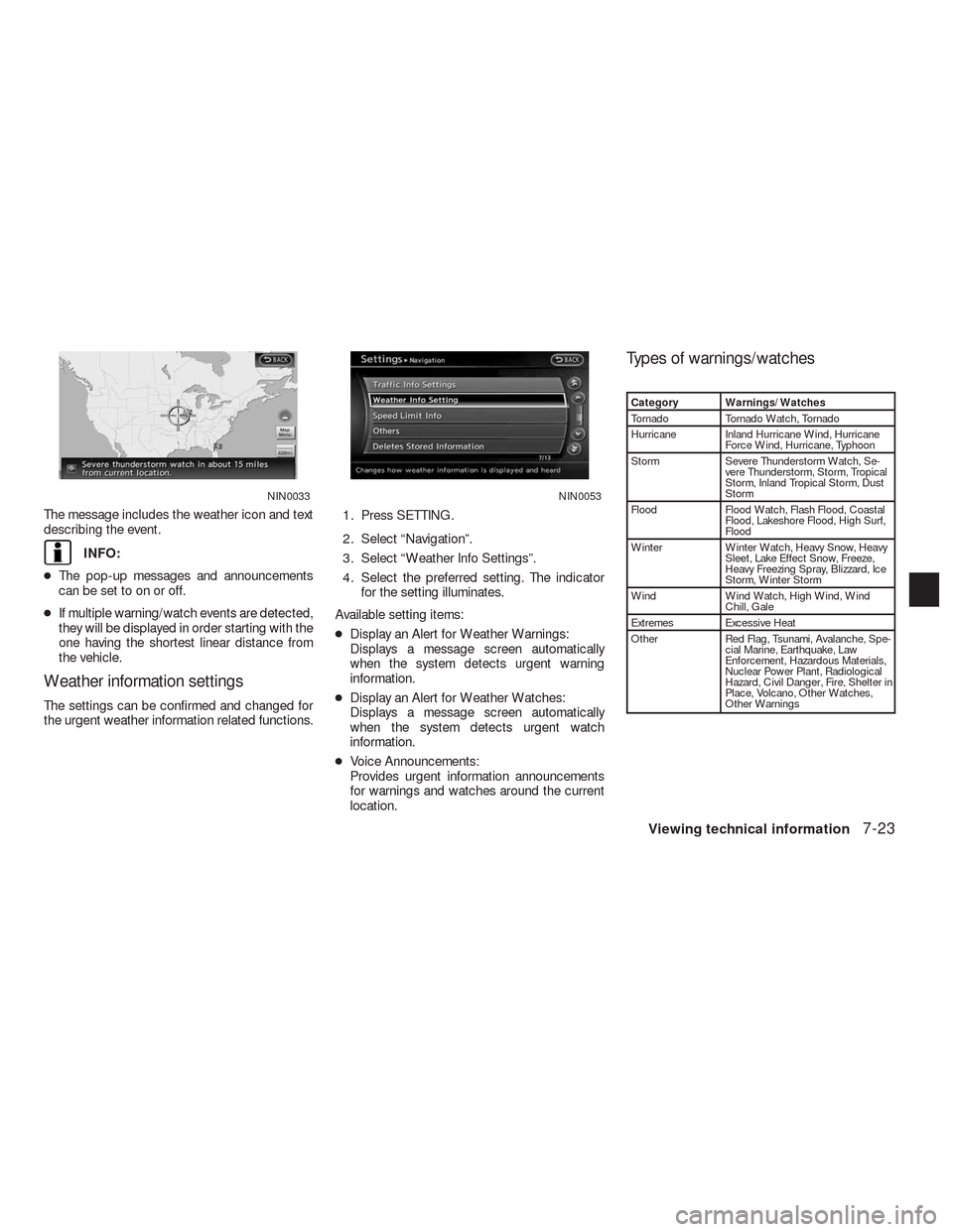 NISSAN ALTIMA HYBRID 2010 L32A / 4.G Navigation Manual The message includes the weather icon and text
describing the event.
INFO:
●The pop-up messages and announcements
can be set to on or off.
●If multiple warning/watch events are detected,
they will