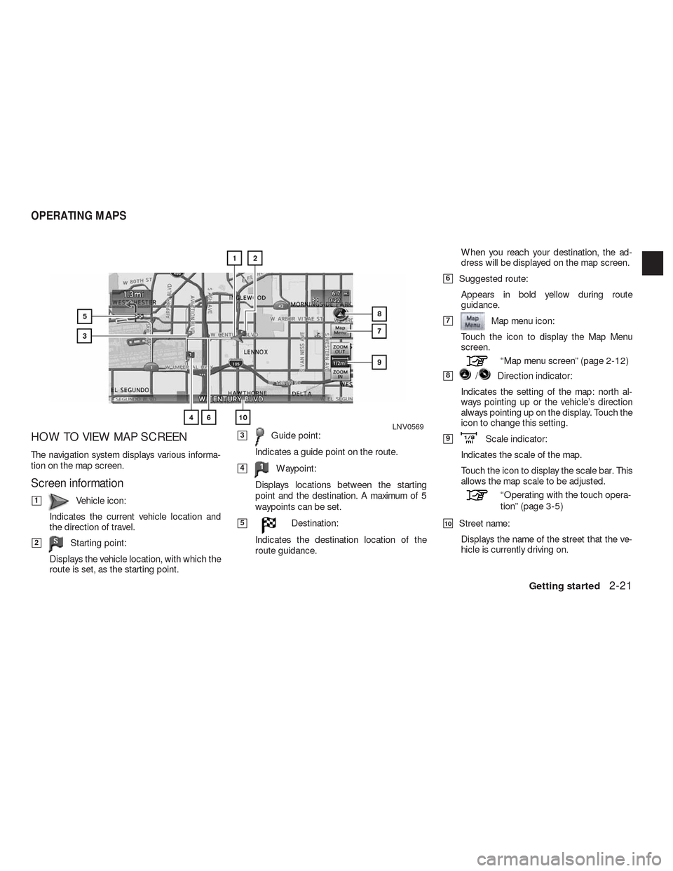 NISSAN ALTIMA HYBRID 2010 L32A / 4.G Navigation Manual HOW TO VIEW MAP SCREEN
The navigation system displays various informa-
tion on the map screen.
Screen information
1Vehicle icon:
Indicates the current vehicle location and
the direction of travel.
2 NISSAN ALTIMA HYBRID 2010 L32A / 4.G Navigation Manual HOW TO VIEW MAP SCREEN
The navigation system displays various informa-
tion on the map screen.
Screen information
1Vehicle icon:
Indicates the current vehicle location and
the direction of travel.
2