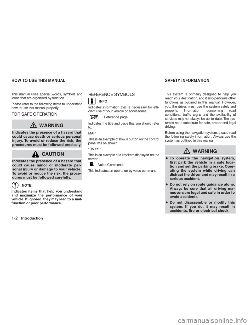 NISSAN ALTIMA HYBRID 2010 L32A / 4.G Navigation Manual This manual uses special words, symbols and
icons that are organized by function.
Please refer to the following items to understand
how to use this manual properly.
FOR SAFE OPERATION
WARNING
Indicat