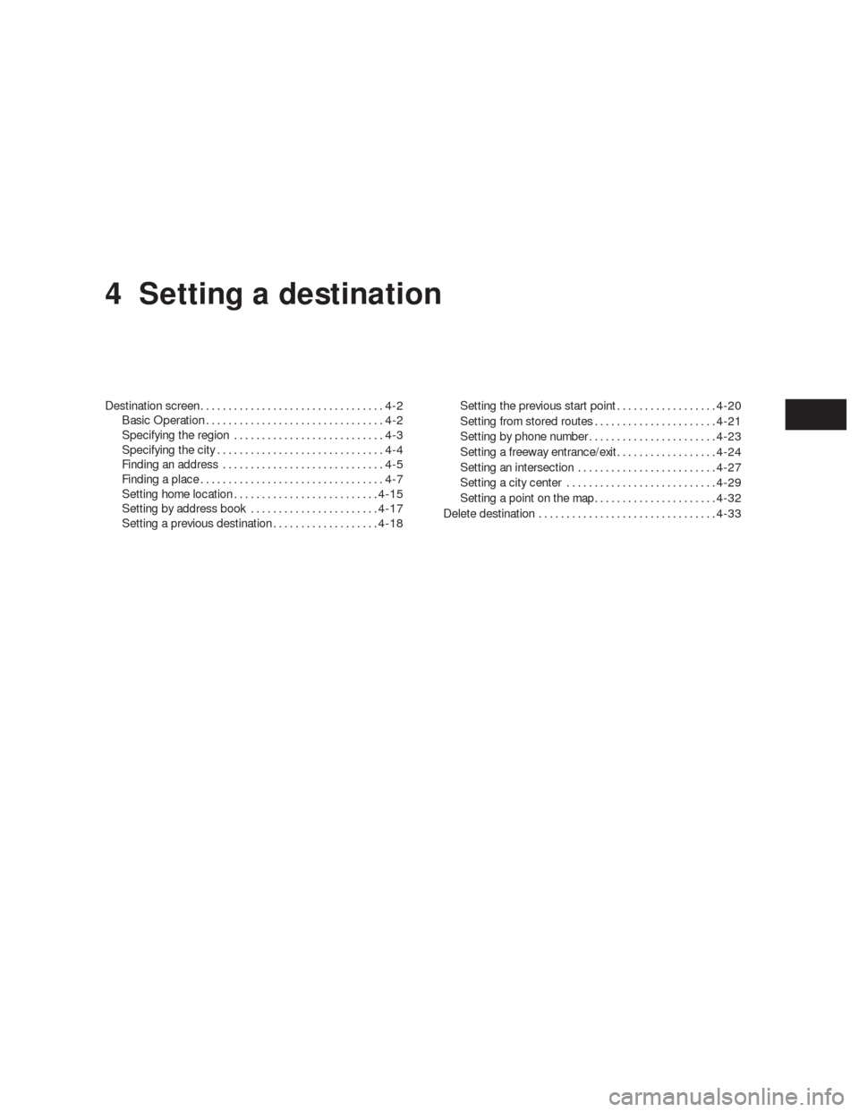 NISSAN ALTIMA HYBRID 2010 L32A / 4.G Navigation Manual 4 Setting a destination
Destination screen.................................4-2
Basic Operation................................4-2
Specifying the region . . .........................4-3
Specifying the 