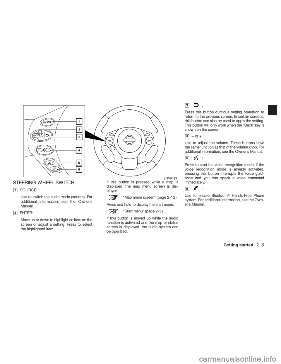 NISSAN ALTIMA HYBRID 2010 L32A / 4.G Navigation Manual STEERING WHEEL SWITCH
1SOURCE:
Use to switch the audio mode (source) . For
additional information, see the Owner’s
Manual.
2ENTER:
Move up or down to highlight an item on the
screen or adjust a se NISSAN ALTIMA HYBRID 2010 L32A / 4.G Navigation Manual STEERING WHEEL SWITCH
1SOURCE:
Use to switch the audio mode (source) . For
additional information, see the Owner’s
Manual.
2ENTER:
Move up or down to highlight an item on the
screen or adjust a se