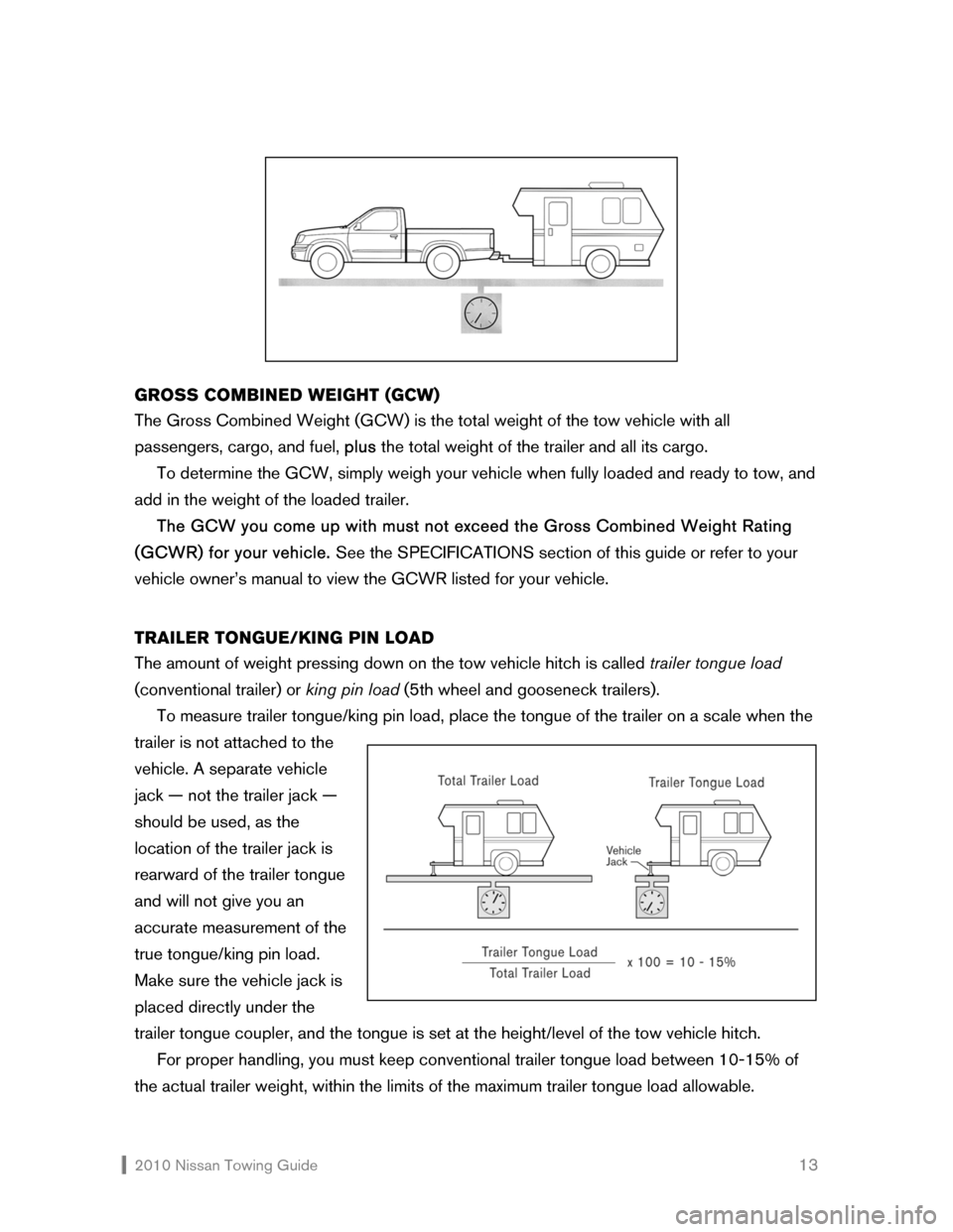 NISSAN CUBE 2010 3.G Towing Guide  2010 Nissan Towing Guide    13
 
 
 
 
 
 
 
 
 
 
GROSS COMBINED WEIGHT (GCW) 
The Gross Combined Weight (GCW) is the total weight of the tow vehicle with all 
passengers, cargo, and fuel, plus the 