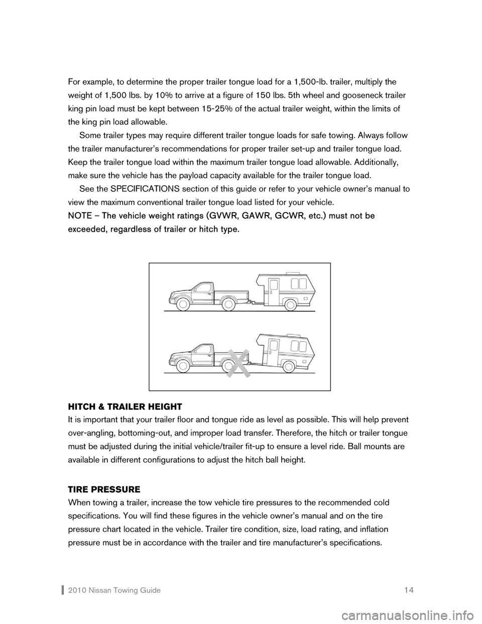 NISSAN CUBE 2010 3.G Towing Guide  2010 Nissan Towing Guide    14 For example, to determine the proper trailer tongue load for a 1,500-lb. trailer, multiply the 
weight of 1,500 lbs. by 10% to arrive at a figure of 150 lbs. 5th wheel 