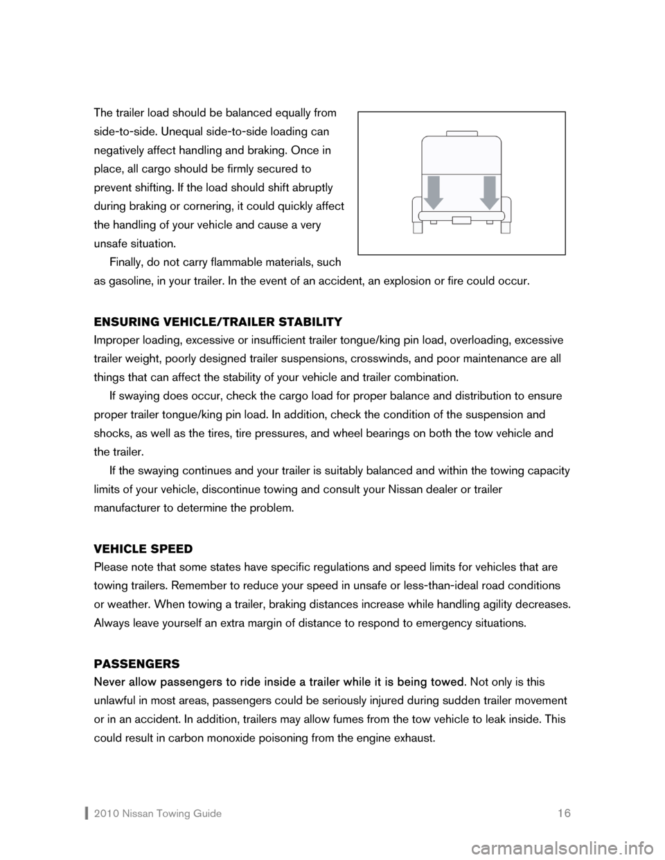 NISSAN CUBE 2010 3.G Towing Guide  2010 Nissan Towing Guide    16 The trailer load should be balanced equally from 
side-to-side. Unequal side-to-side loading can 
negatively affect handling and braking. Once in 
place, all cargo shou