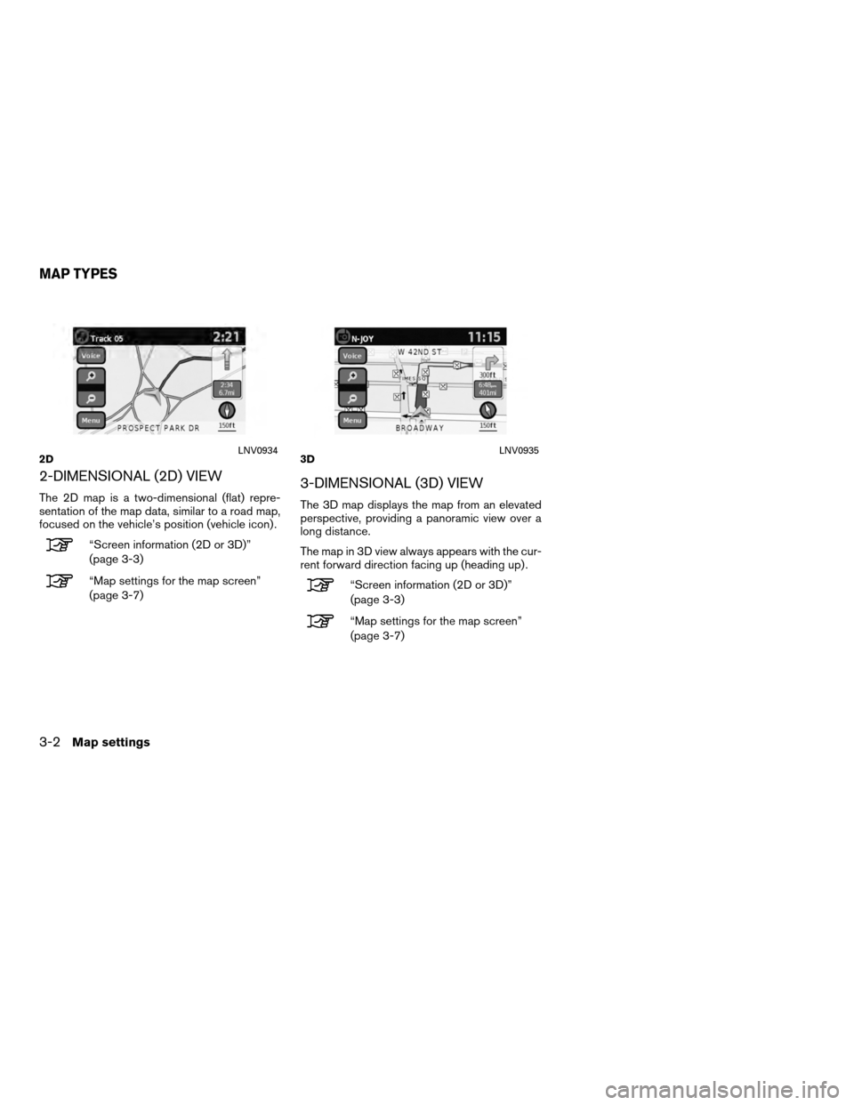 NISSAN VERSA 2010 1.G LC Navigation Manual 2-DIMENSIONAL (2D) VIEW
The 2D map is a two-dimensional (flat) repre-
sentation of the map data, similar to a road map,
focused on the vehicle’s position (vehicle icon) .
“Screen information (2D o