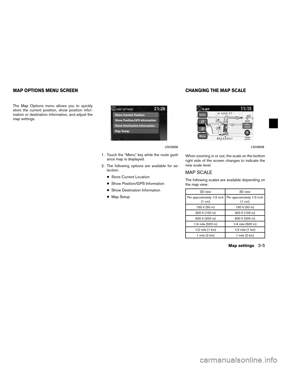 NISSAN VERSA 2010 1.G LC Navigation Manual The Map Options menu allows you to quickly
store the current position, show position infor-
mation or destination information, and adjust the
map settings.1. Touch the “Menu” key while the route g