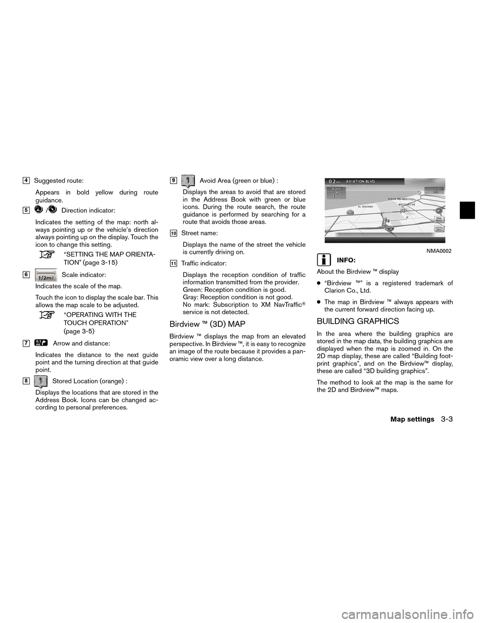 NISSAN ALTIMA COUPE 2011 D32 / 4.G Navigation Manual 4Suggested route:Appears in bold yellow during route
guidance.
5/Direction indicator:
Indicates the setting of the map: north al-
ways pointing up or the vehicle’s direction
always pointing up on NISSAN ALTIMA COUPE 2011 D32 / 4.G Navigation Manual 4Suggested route:Appears in bold yellow during route
guidance.
5/Direction indicator:
Indicates the setting of the map: north al-
ways pointing up or the vehicle’s direction
always pointing up on