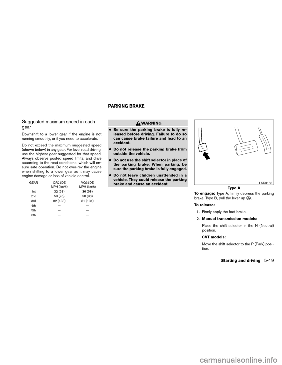 NISSAN ALTIMA COUPE 2011 D32 / 4.G Owners Manual Suggested maximum speed in each
gear
Downshift to a lower gear if the engine is not
running smoothly, or if you need to accelerate.
Do not exceed the maximum suggested speed
(shown below) in any gear. NISSAN ALTIMA COUPE 2011 D32 / 4.G Owners Manual Suggested maximum speed in each
gear
Downshift to a lower gear if the engine is not
running smoothly, or if you need to accelerate.
Do not exceed the maximum suggested speed
(shown below) in any gear.