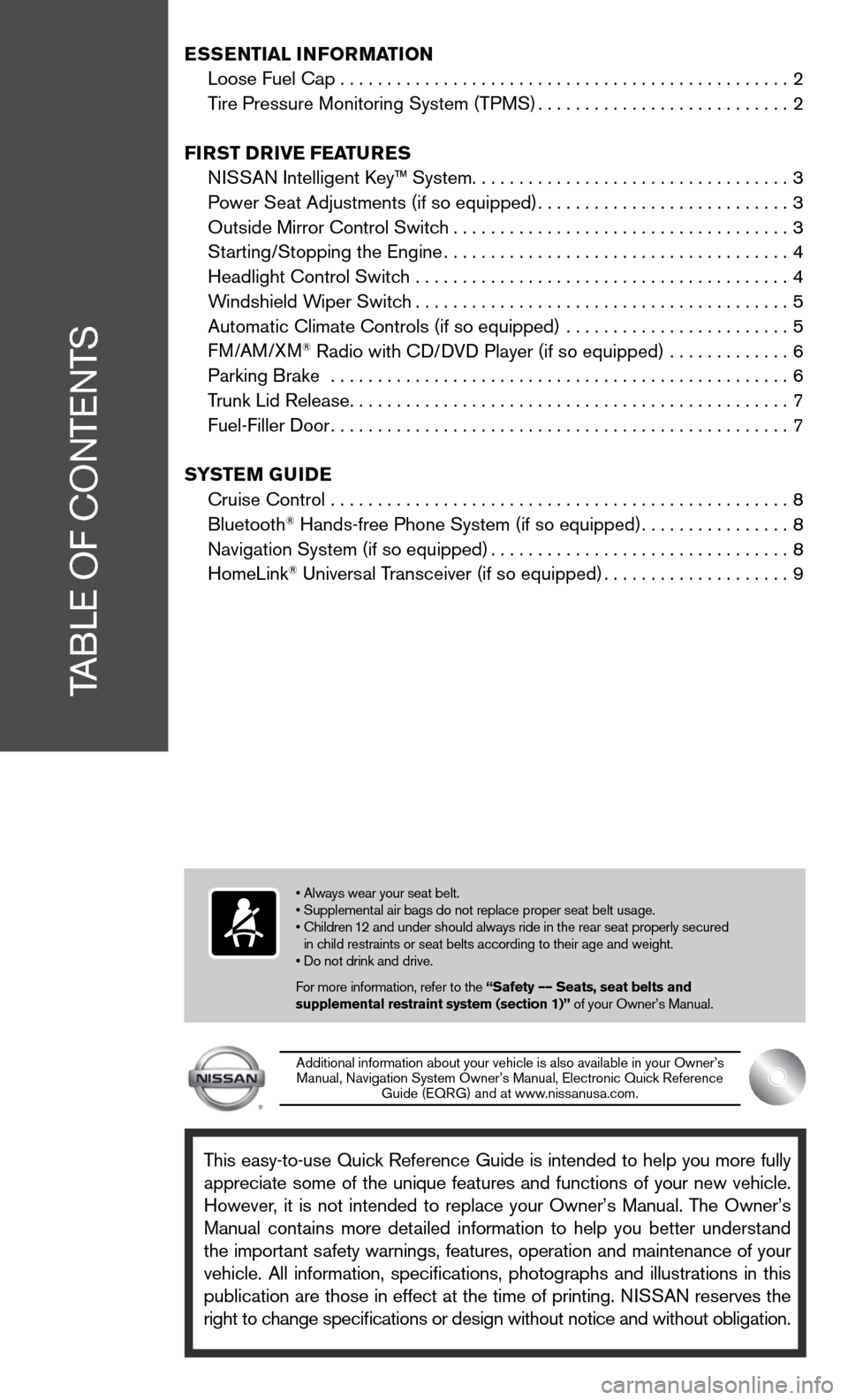 NISSAN ALTIMA COUPE 2011 D32 / 4.G Quick Reference Guide This easy-to-use Quick Reference Guide is intended to help you more fully
appreciate some of the unique features and functions of your new vehicle.
However, it is not intended to replace your Owner NISSAN ALTIMA COUPE 2011 D32 / 4.G Quick Reference Guide This easy-to-use Quick Reference Guide is intended to help you more fully
appreciate some of the unique features and functions of your new vehicle.
However, it is not intended to replace your Owner