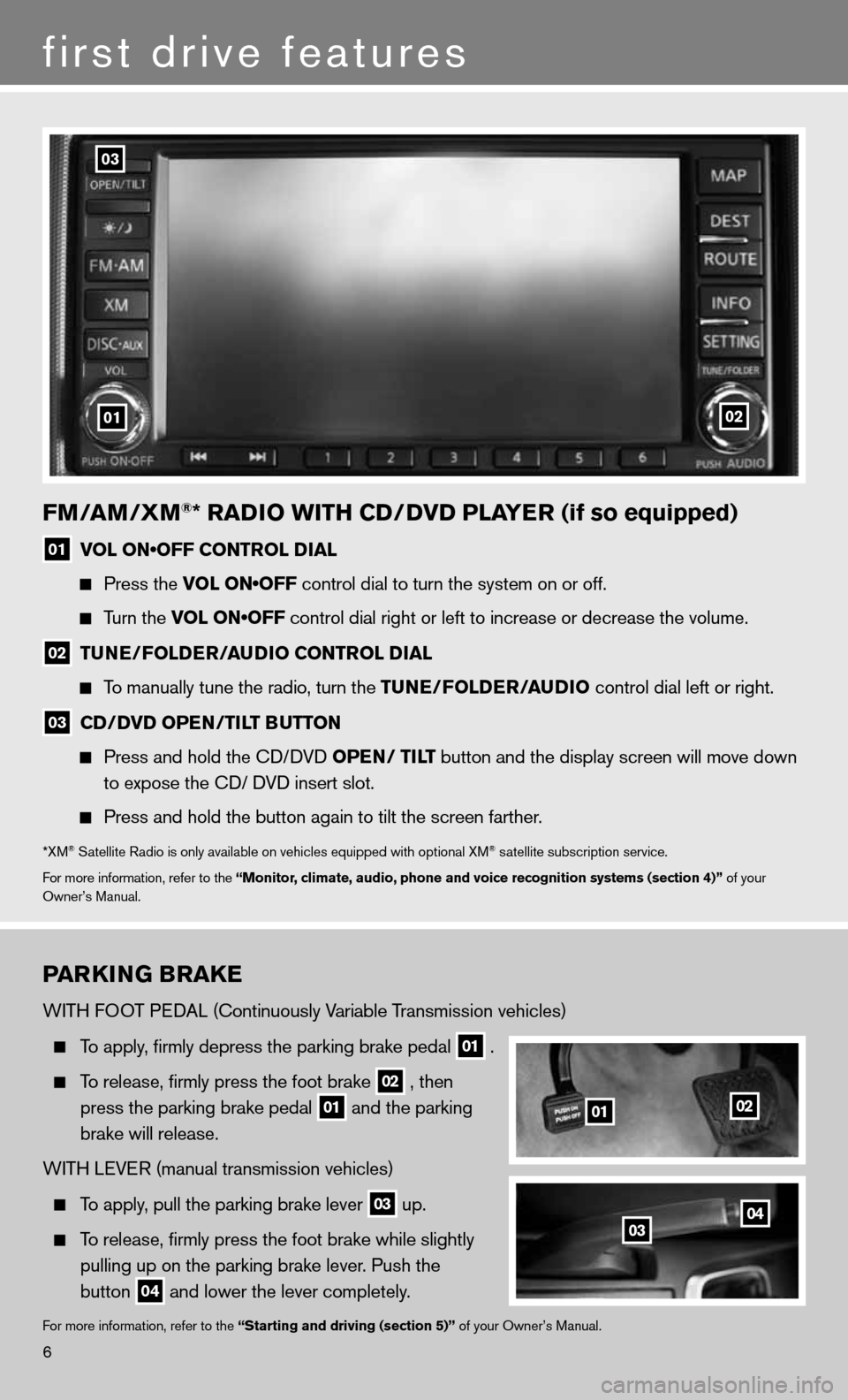 NISSAN ALTIMA COUPE 2011 D32 / 4.G Quick Reference Guide PARKING BRAKE
WiTH fOOT P edAL (continuously Variable Transmission vehicles)
To apply, firmly depress the parking brake pedal
01 .
To release, firmly press the foot brake
02 , then
pres NISSAN ALTIMA COUPE 2011 D32 / 4.G Quick Reference Guide PARKING BRAKE
WiTH fOOT P edAL (continuously Variable Transmission vehicles)
To apply, firmly depress the parking brake pedal
01 .
To release, firmly press the foot brake
02 , then
pres