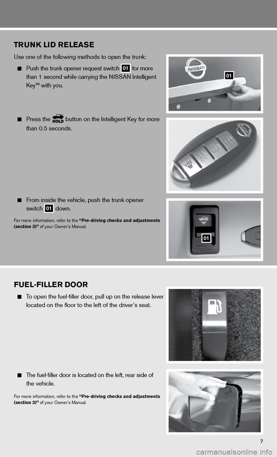 NISSAN ALTIMA COUPE 2011 D32 / 4.G Quick Reference Guide TRUNK LID RELEASE 
use one of the following methods to open the trunk: 
 
  Push the trunk opener request switch
 01 for more 
    than 1 second while carrying the n iSSAn intelligent 
    k ey™ wit