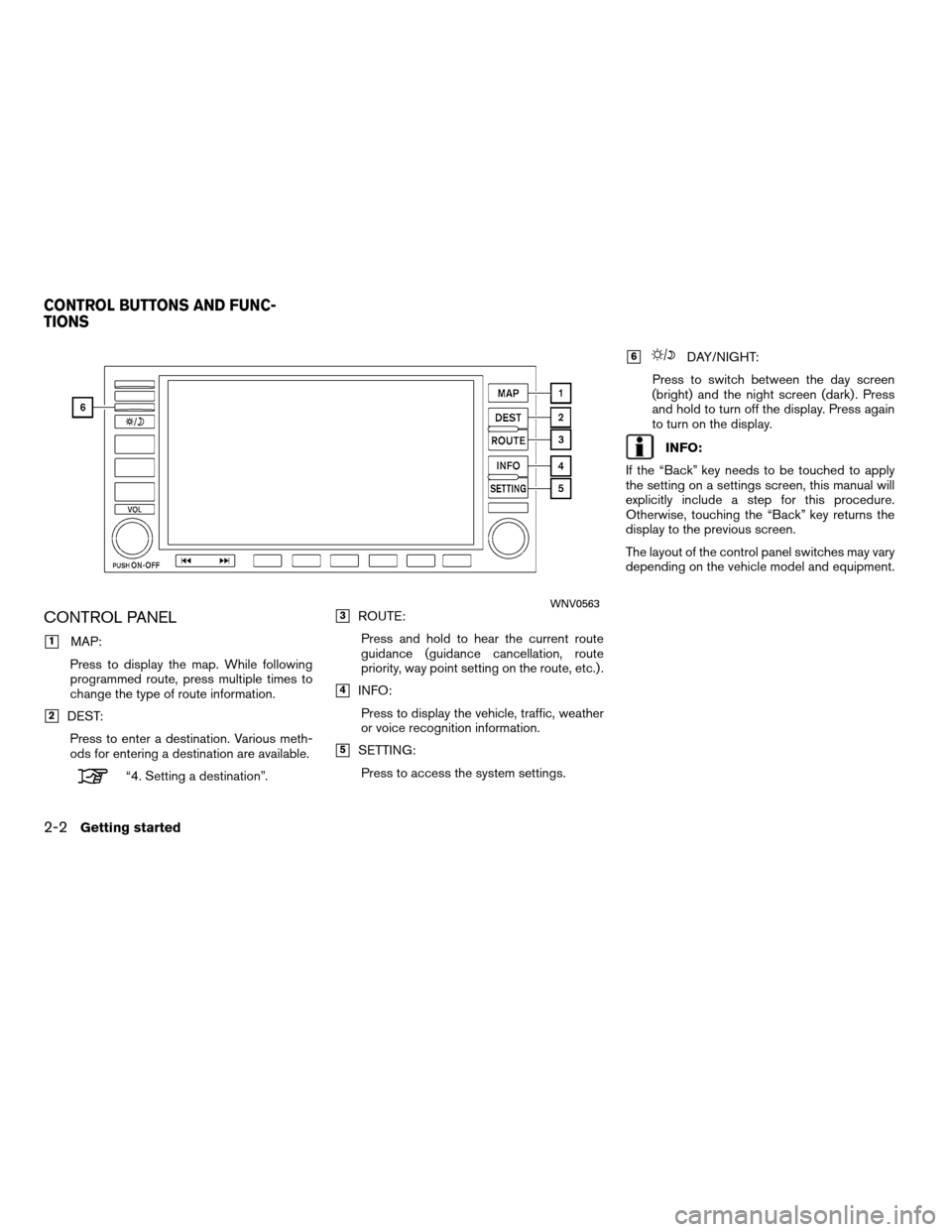 NISSAN ALTIMA HYBRID 2011 L32A / 4.G Navigation Manual CONTROL PANEL
1MAP:
Press to display the map. While following
programmed route, press multiple times to
change the type of route information.
2DEST: Press to enter a destination. Various meth-
ods f NISSAN ALTIMA HYBRID 2011 L32A / 4.G Navigation Manual CONTROL PANEL
1MAP:
Press to display the map. While following
programmed route, press multiple times to
change the type of route information.
2DEST: Press to enter a destination. Various meth-
ods f