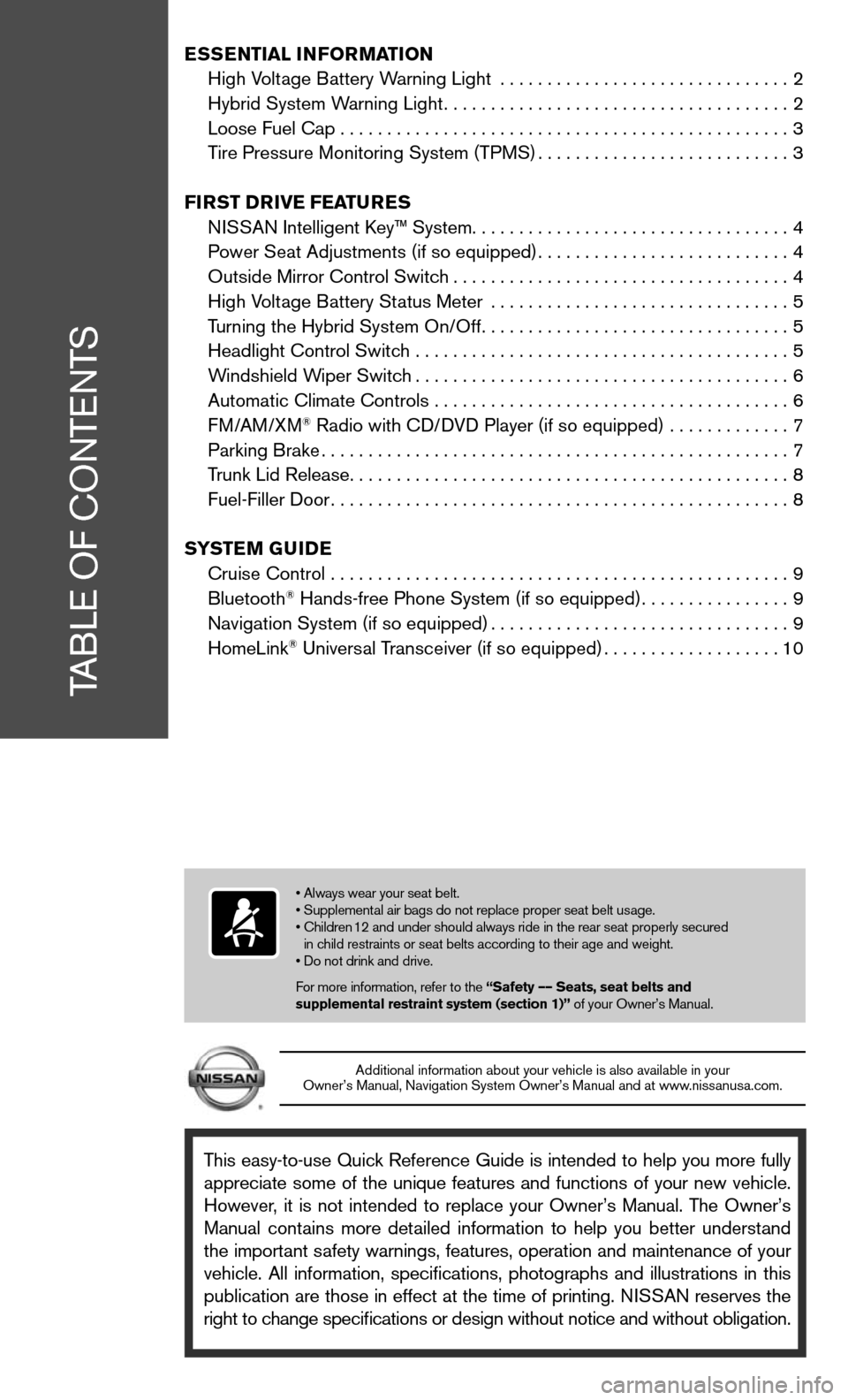 NISSAN ALTIMA HYBRID 2011 L32A / 4.G Quick Reference Guide This easy-to-use Quick Reference Guide is intended to help you more fully
appreciate some of the unique features and functions of your new vehicle.
However, it is not intended to rep NISSAN ALTIMA HYBRID 2011 L32A / 4.G Quick Reference Guide This easy-to-use Quick Reference Guide is intended to help you more fully
appreciate some of the unique features and functions of your new vehicle.
However, it is not intended to rep