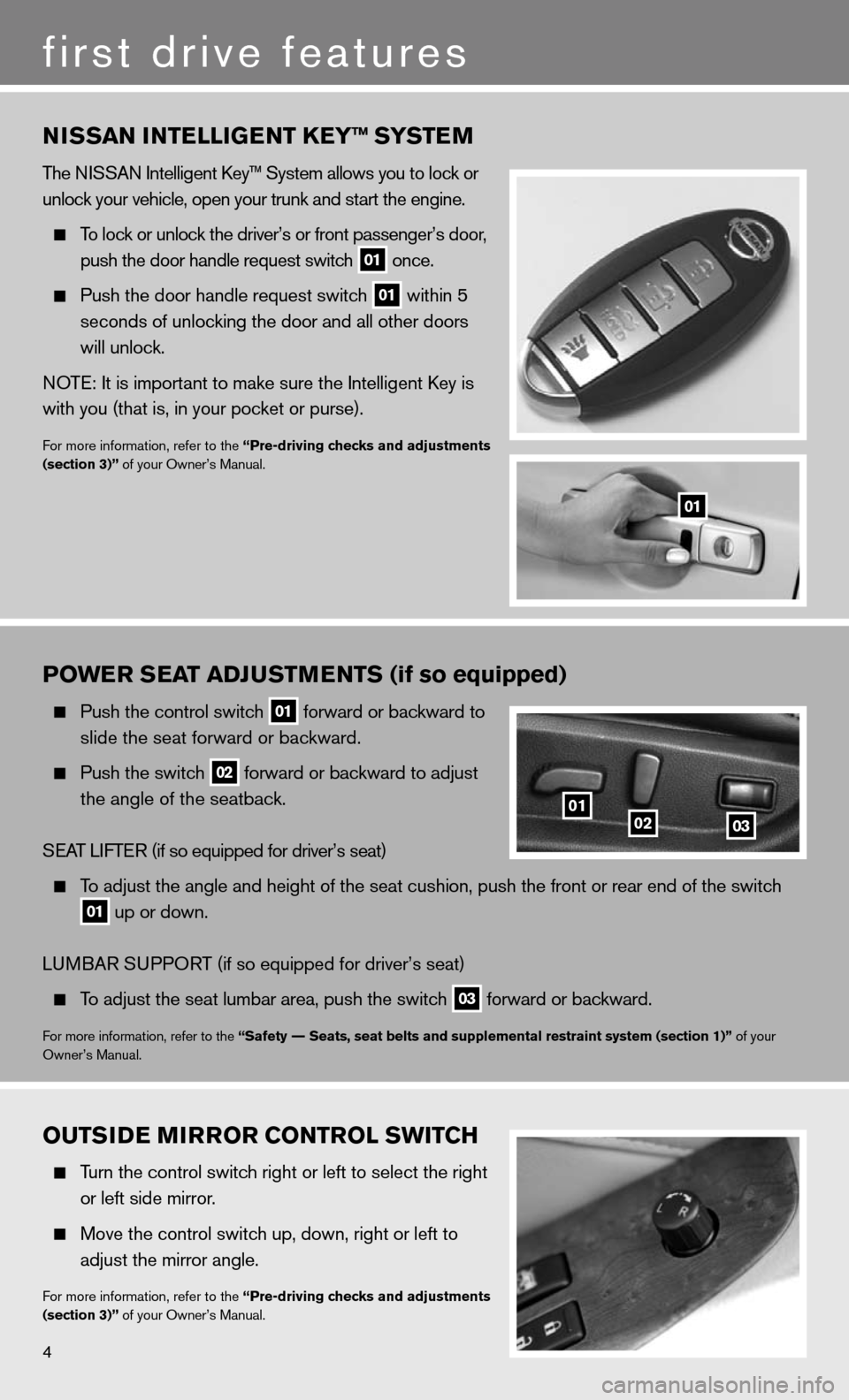 NISSAN ALTIMA HYBRID 2011 L32A / 4.G Quick Reference Guide NISSAN INTELLIGENT KEY™ SYSTEM
The niSSA n intelligent  key™ System allows you to lock or 
unlock your vehicle, open your trunk and start the engine.
 
  To lock or unlock the driver’s or front 