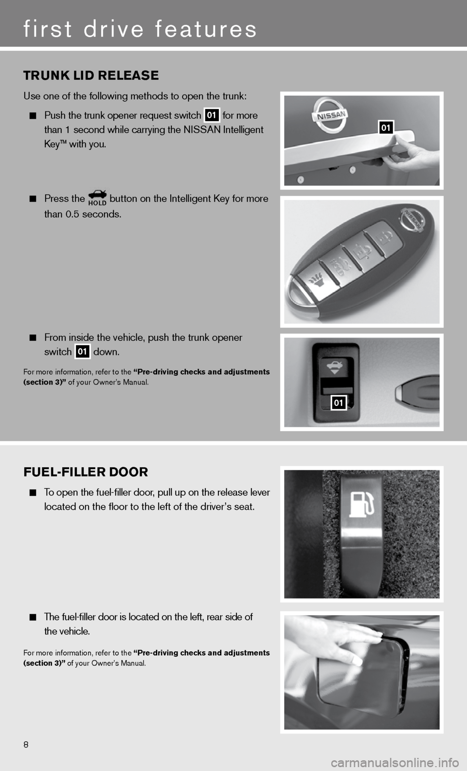 NISSAN ALTIMA HYBRID 2011 L32A / 4.G Quick Reference Guide FUEL-FILLER DOOR
  To open the fuel-filler door, pull up on the release lever 
    located on the floor to the left of the driver’s seat.
 
  The fuel-filler door is located on the left, rear side o