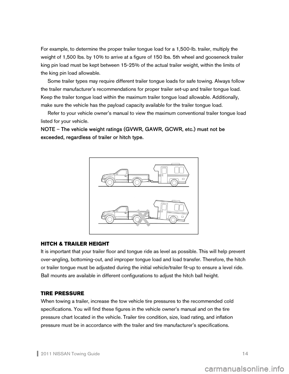 NISSAN CUBE 2011 3.G Towing Guide 2011 NISSAN Towing Guide 14 For example, to determine the proper trailer tongue load for a 1,500-lb. trailer, multiply the
weight of 1,500 lbs. by 10% to arrive at a figure of 150 lbs. 5th wheel NISSAN CUBE 2011 3.G Towing Guide 2011 NISSAN Towing Guide 14 For example, to determine the proper trailer tongue load for a 1,500-lb. trailer, multiply the
weight of 1,500 lbs. by 10% to arrive at a figure of 150 lbs. 5th wheel