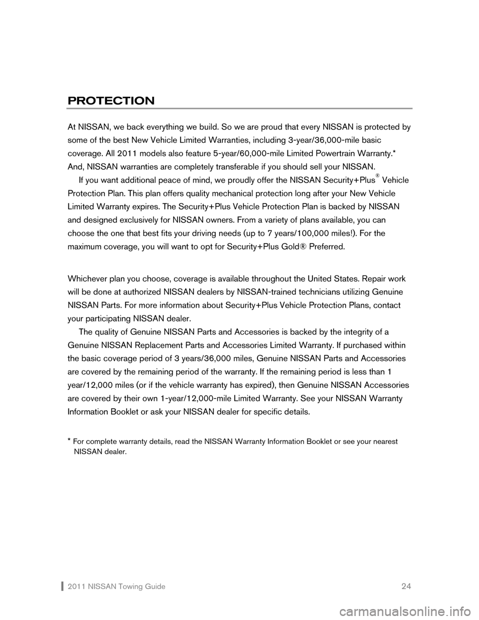 NISSAN CUBE 2011 3.G Towing Guide 2011 NISSAN Towing Guide 24
PROTECTION
At NISSAN, we back everything we build. So we are proud that every NISSAN is protected by
some of the best New Vehicle Limited Warranties, including NISSAN CUBE 2011 3.G Towing Guide 2011 NISSAN Towing Guide 24
PROTECTION
At NISSAN, we back everything we build. So we are proud that every NISSAN is protected by
some of the best New Vehicle Limited Warranties, including