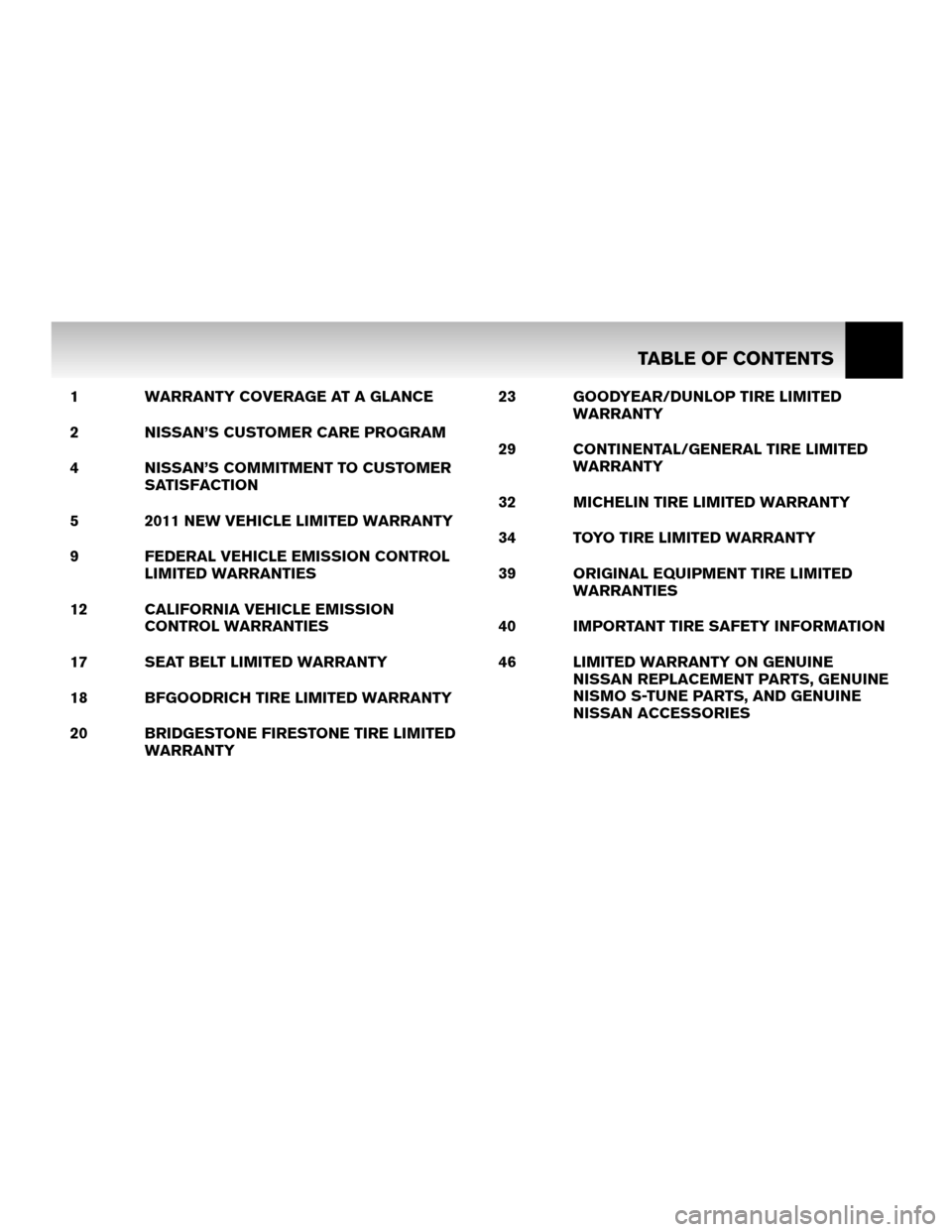 NISSAN CUBE 2011 3.G Warranty Booklet 1 WARRANTY COVERAGE AT A GLANCE
2 NISSAN’S CUSTOMER CARE PROGRAM
4 NISSAN’S COMMITMENT TO CUSTOMERSATISFACTION
5 2011 NEW VEHICLE LIMITED WARRANTY
9 FEDERAL VEHICLE EMISSION CONTROL LIMITED WARRAN