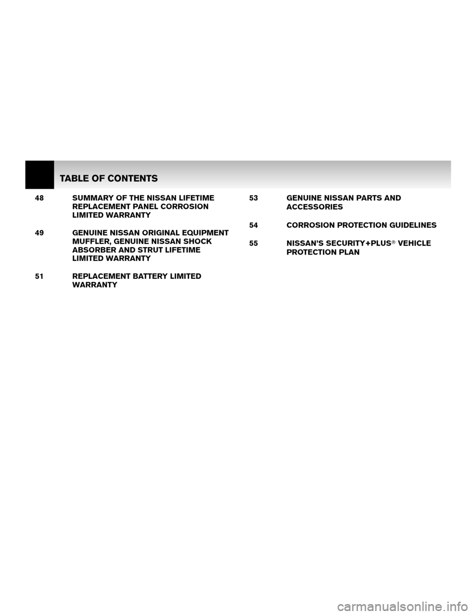 NISSAN CUBE 2011 3.G Warranty Booklet 48 SUMMARY OF THE NISSAN LIFETIMEREPLACEMENT PANEL CORROSION
LIMITED WARRANTY
49 GENUINE NISSAN ORIGINAL EQUIPMENT MUFFLER, GENUINE NISSAN SHOCK
ABSORBER AND STRUT LIFETIME
LIMITED WARRANTY
51 REPLACE