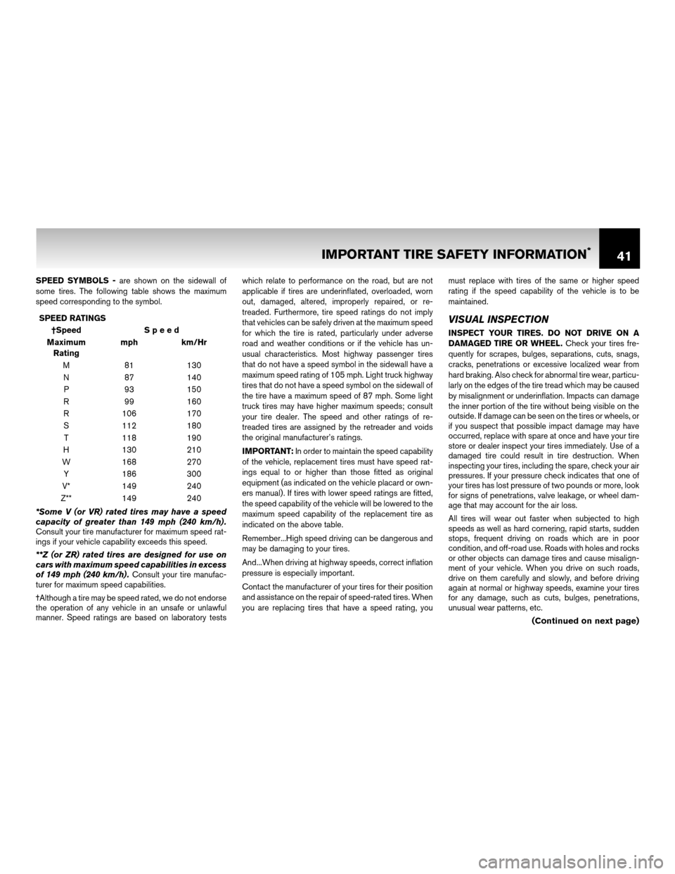NISSAN CUBE 2011 3.G Warranty Booklet SPEED SYMBOLS -are shown on the sidewall of
some tires. The following table shows the maximum
speed corresponding to the symbol.
SPEED RATINGS †Speed Speed
Maximum Rating mph km/Hr
M 81 130
N 87 140