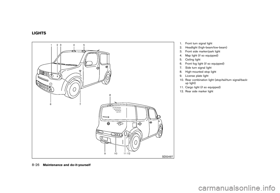 NISSAN CUBE 2011 3.G Owners Manual Black plate (298,1)
Model "Z12-D" EDITED: 2010/ 9/ 27
SDI2497
1. Front turn signal light
2. Headlight (high-beam/low-beam)
3. Front side marker/park light
4. Map light (if so equipped)
5. Ceiling ligh