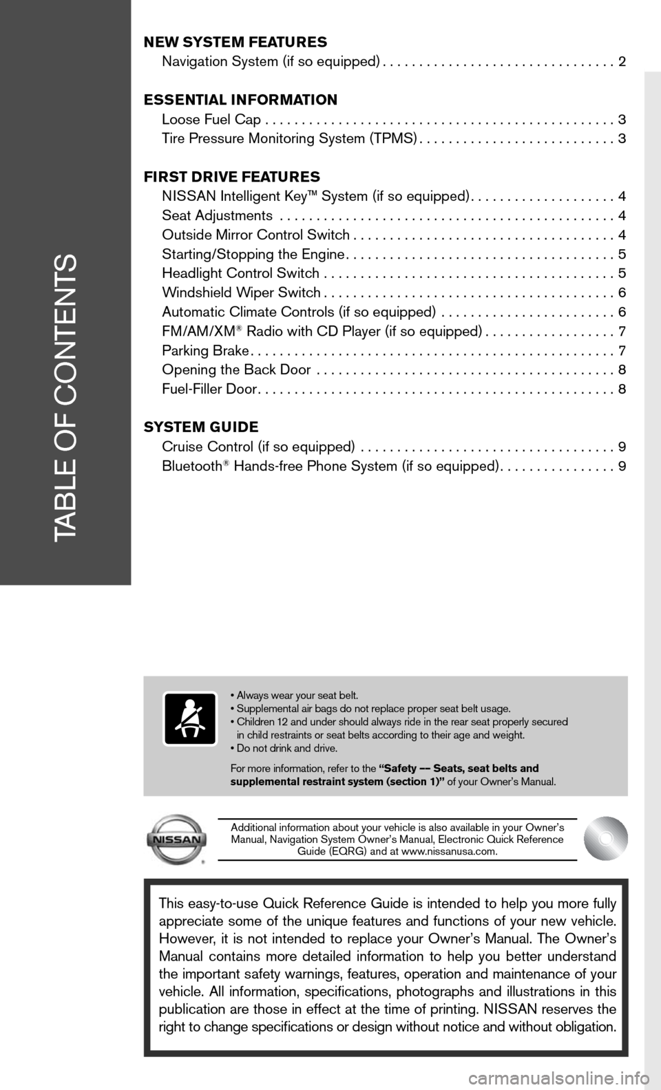 NISSAN CUBE 2011 3.G Quick Reference Guide This easy-to-use Quick Reference Guide is intended to help you more fully
appreciate some of the unique features and functions of your new vehicle.
However, it is not intended to rep NISSAN CUBE 2011 3.G Quick Reference Guide This easy-to-use Quick Reference Guide is intended to help you more fully
appreciate some of the unique features and functions of your new vehicle.
However, it is not intended to rep