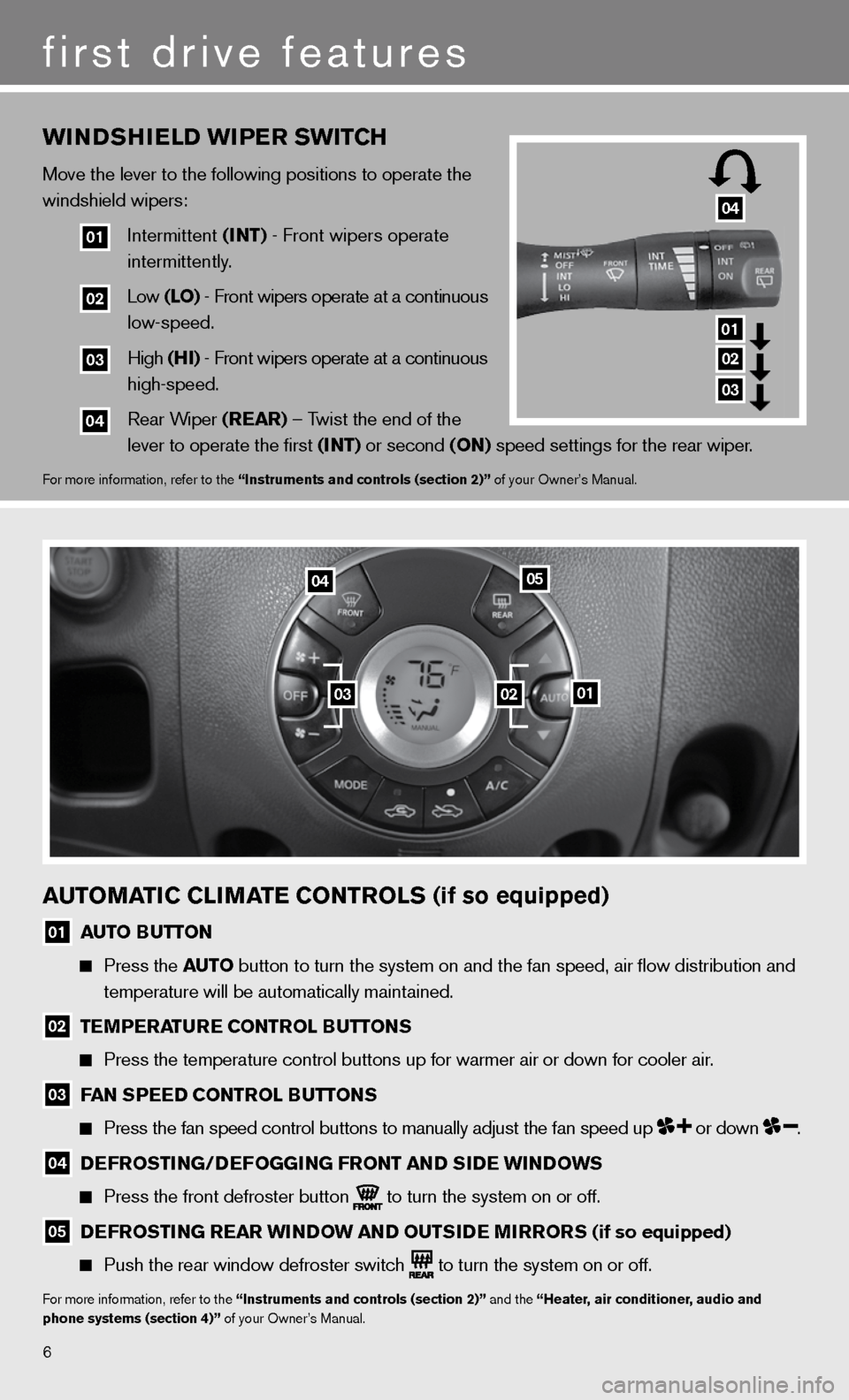 NISSAN CUBE 2011 3.G Quick Reference Guide 6
wINDSHIeLD wIPer SwITCH
Move the lever to the following positions to operate the
windshield wipers:
01 intermittent (INT) - front wipers operate
intermittently.
02 Low (LO) - fron NISSAN CUBE 2011 3.G Quick Reference Guide 6
wINDSHIeLD wIPer SwITCH
Move the lever to the following positions to operate the
windshield wipers:
01 intermittent (INT) - front wipers operate
intermittently.
02 Low (LO) - fron