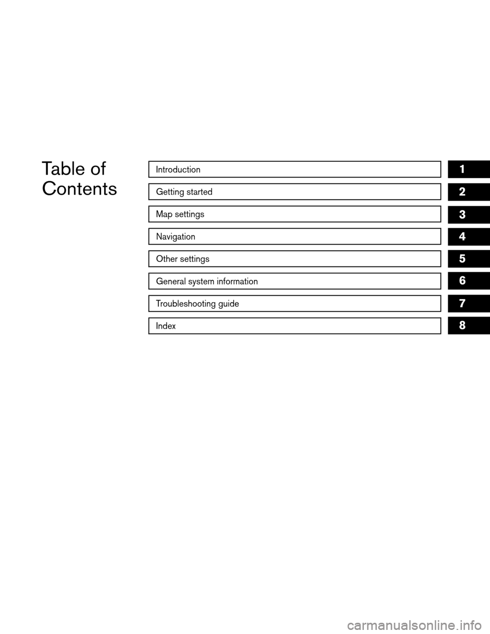 NISSAN ROGUE 2011 1.G LC Navigation Manual Table of
ContentsIntroduction
Getting started
Map settings
Navigation
Other settings
General system information
Troubleshooting guide
Index
1
2
3
4
5
6
7
8 