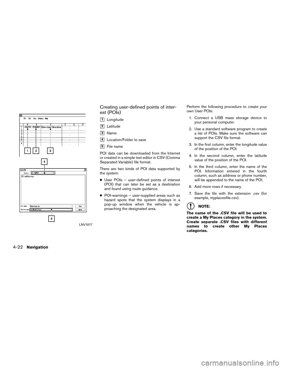NISSAN ROGUE 2011 1.G LC Navigation Manual Creating user-defined points of inter-
est (POIs)
1Longitude
2Latitude
3Name
4Location/Folder to save
5File name
POI data can be downloaded from the Internet
or created in a simple text editor in NISSAN ROGUE 2011 1.G LC Navigation Manual Creating user-defined points of inter-
est (POIs)
1Longitude
2Latitude
3Name
4Location/Folder to save
5File name
POI data can be downloaded from the Internet
or created in a simple text editor in