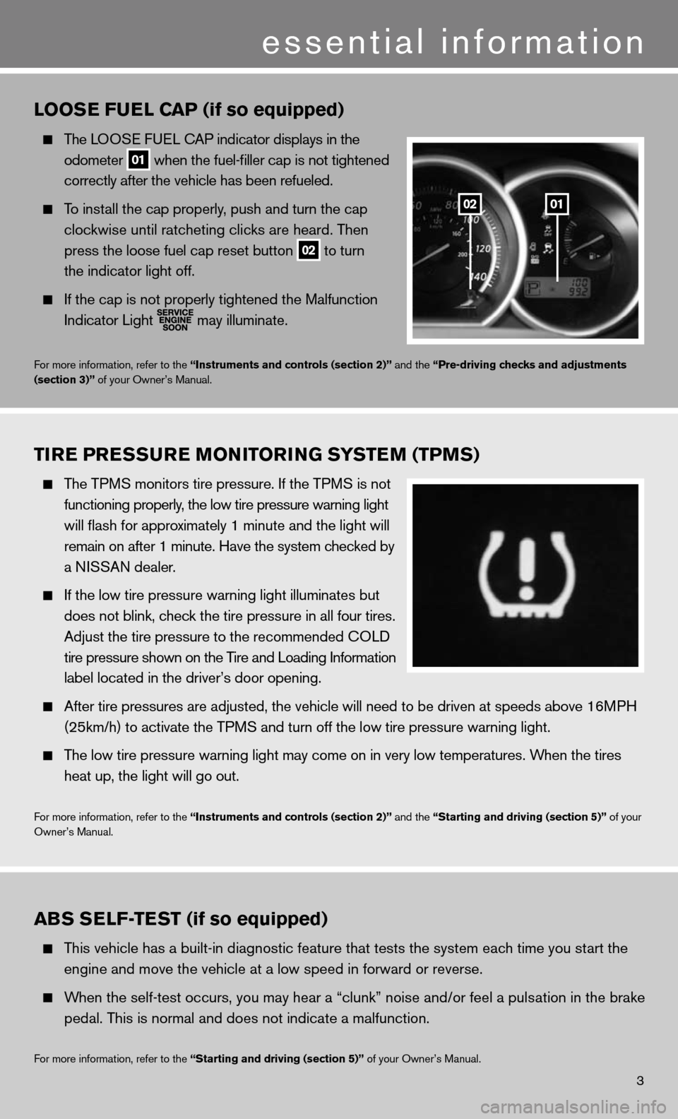 NISSAN VERSA HATCHBACK 2011 1.G Quick Reference Guide 3
essential information
looSe Fuel caP (if so equipped)
The LOOS e fue L cAP indicator displays in the
odometer
01 when the fuel-filler cap is not tightened
correctly after the vehicle h NISSAN VERSA HATCHBACK 2011 1.G Quick Reference Guide 3
essential information
looSe Fuel caP (if so equipped)
The LOOS e fue L cAP indicator displays in the
odometer
01 when the fuel-filler cap is not tightened
correctly after the vehicle h