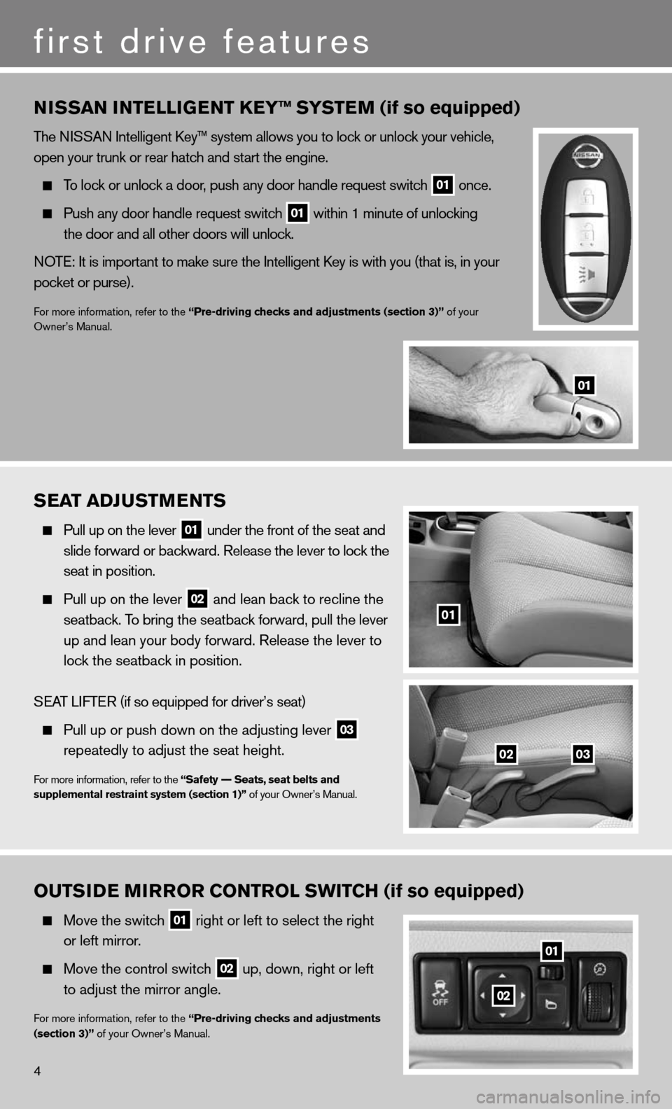 NISSAN VERSA HATCHBACK 2011 1.G Quick Reference Guide Sea T aDJ uSTM eNTS
Pull up on the lever
01 under the front of the seat and
slide forward or backward. Release the lever to lock the
seat in position.
Pull up on the lever
02 and NISSAN VERSA HATCHBACK 2011 1.G Quick Reference Guide Sea T aDJ uSTM eNTS
Pull up on the lever
01 under the front of the seat and
slide forward or backward. Release the lever to lock the
seat in position.
Pull up on the lever
02 and