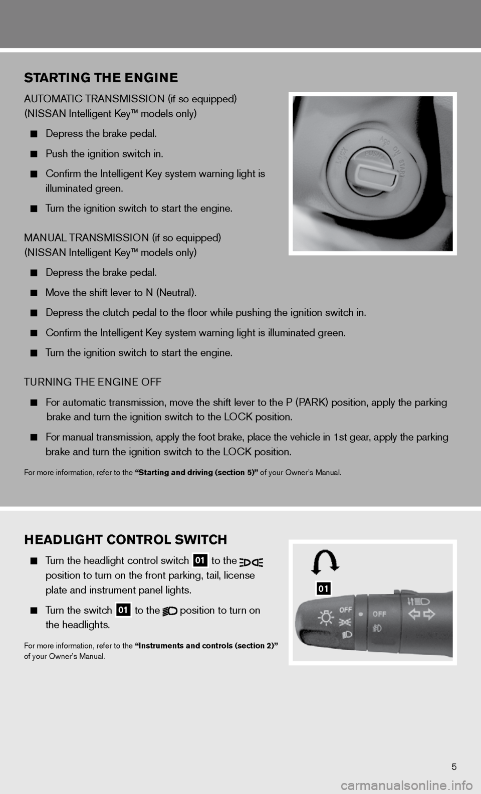NISSAN VERSA HATCHBACK 2011 1.G Quick Reference Guide 5
STarTi NG TH e eNGiN e
Au TOMAT ic TRA nSM iSS iO n (if so equipped)
(ni SSAn intelligent k ey™ models only)
depress the brake pedal.
Push the ignition switch in.
confirm the i NISSAN VERSA HATCHBACK 2011 1.G Quick Reference Guide 5
STarTi NG TH e eNGiN e
Au TOMAT ic TRA nSM iSS iO n (if so equipped)
(ni SSAn intelligent k ey™ models only)
depress the brake pedal.
Push the ignition switch in.
confirm the i