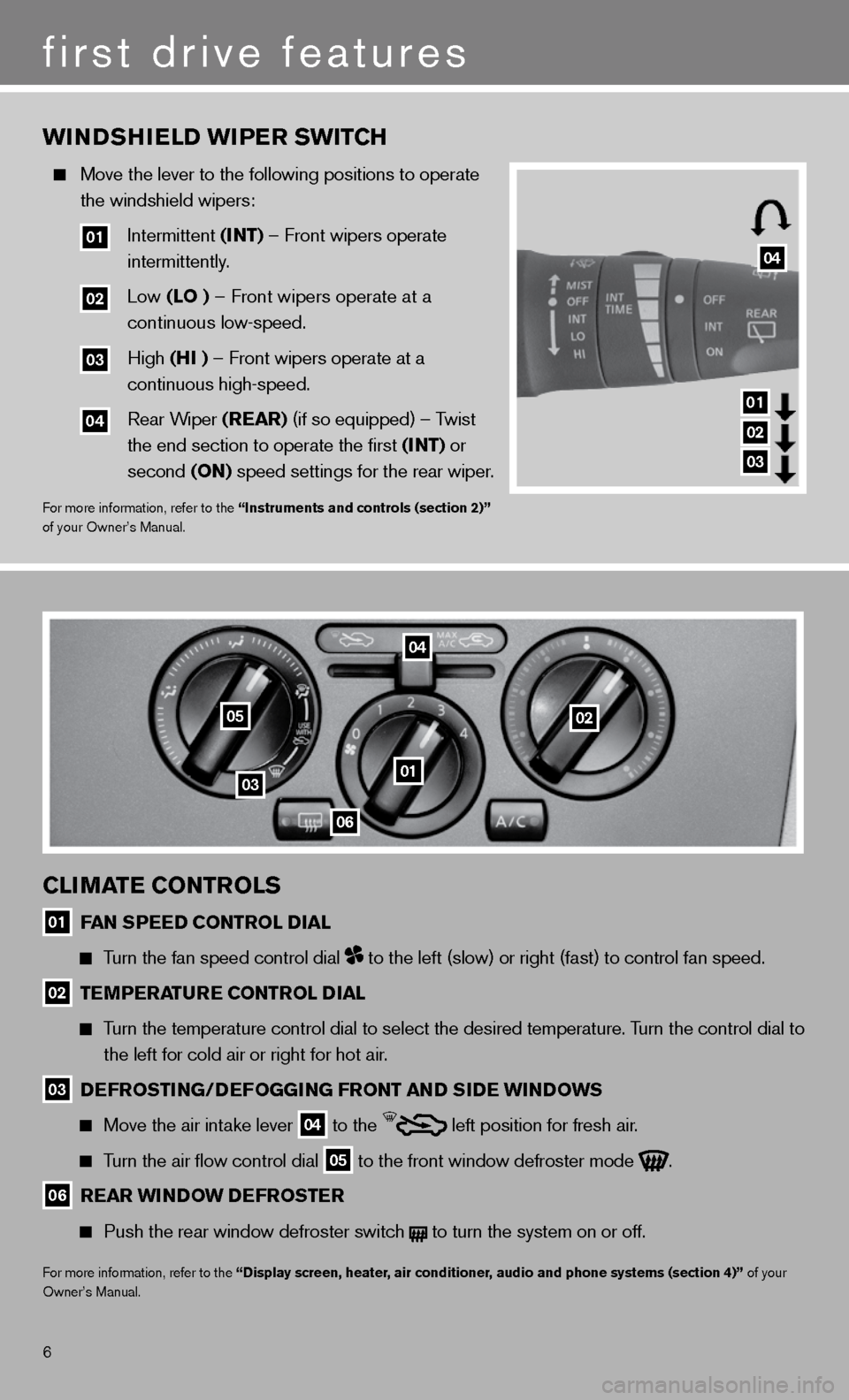 NISSAN VERSA HATCHBACK 2011 1.G Quick Reference Guide 6
cliMaTe coNTrolS
01 F
aN SPee D coNTrol D ial
Turn the fan speed control dial to the left (slow) or right (fast) to control fan speed.
02 Te
MPera Ture coNTrol D ial
Turn the temperatu NISSAN VERSA HATCHBACK 2011 1.G Quick Reference Guide 6
cliMaTe coNTrolS
01 F
aN SPee D coNTrol D ial
Turn the fan speed control dial to the left (slow) or right (fast) to control fan speed.
02 Te
MPera Ture coNTrol D ial
Turn the temperatu