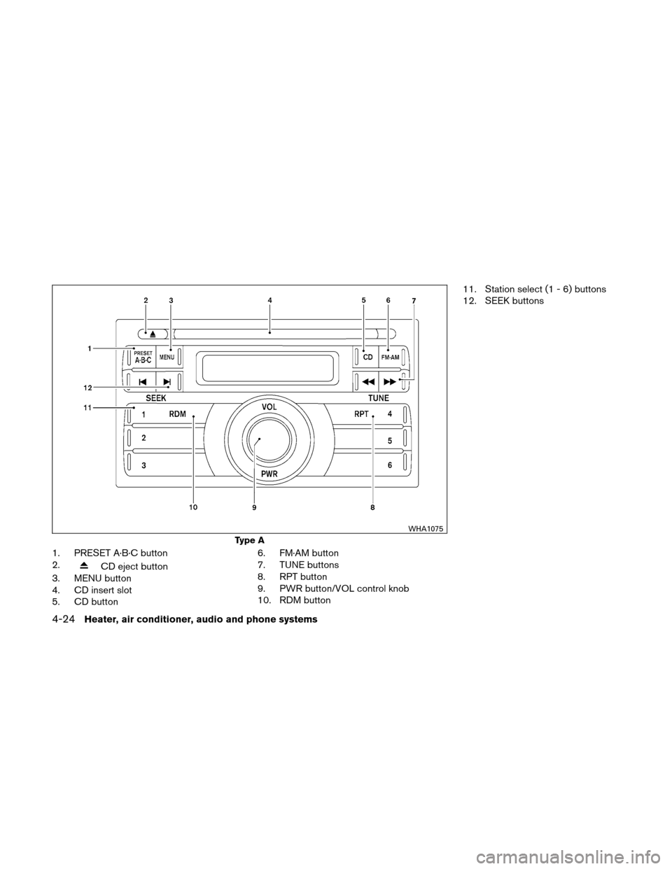 NISSAN XTERRA 2011 N50 / 2.G Owners Manual 1. PRESET A·B·C button
2.
CD eject button
3. MENU button
4. CD insert slot
5. CD button 6. FM·AM button
7. TUNE buttons
8. RPT button
9. PWR button/VOL control knob
10. RDM button11. Station select