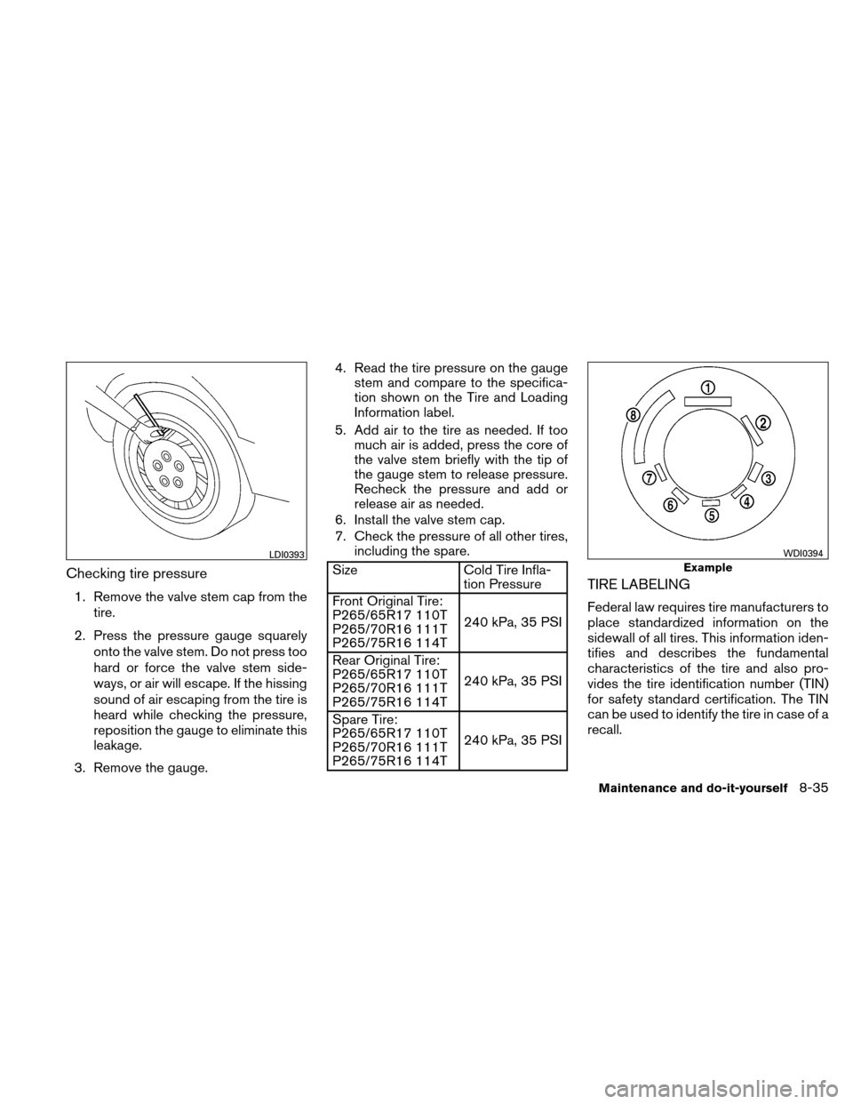 NISSAN XTERRA 2011 N50 / 2.G Owners Manual Checking tire pressure
1. Remove the valve stem cap from thetire.
2. Press the pressure gauge squarely onto the valve stem. Do not press too
hard or force the valve stem side-
ways, or air will escape NISSAN XTERRA 2011 N50 / 2.G Owners Manual Checking tire pressure
1. Remove the valve stem cap from thetire.
2. Press the pressure gauge squarely onto the valve stem. Do not press too
hard or force the valve stem side-
ways, or air will escape